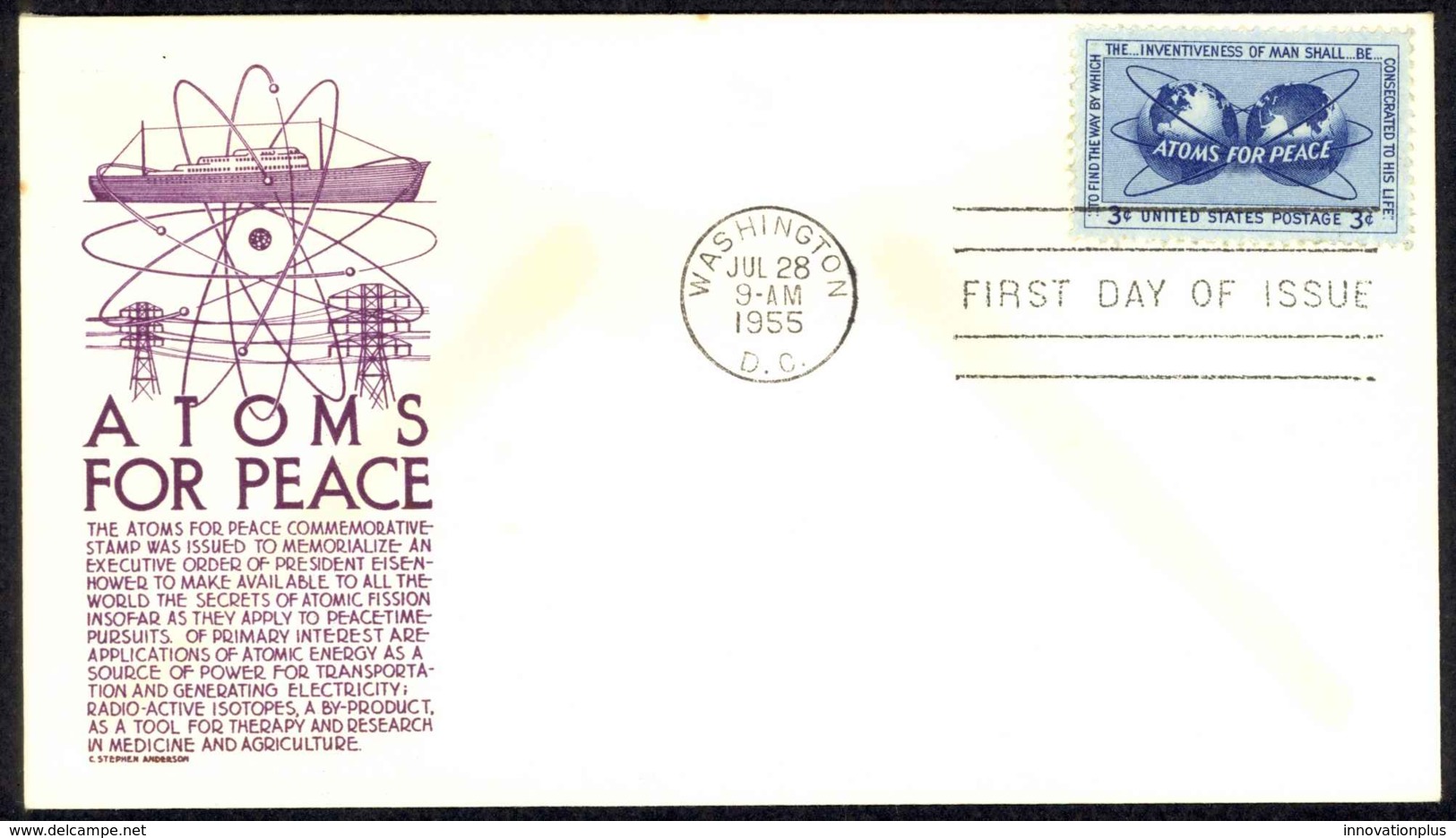 USA Sc# 1070 (C. Stephen Anderson Cachet) FDC (b) (Washington, DC) 1955 7.28 Atoms For Peace - 1951-1960