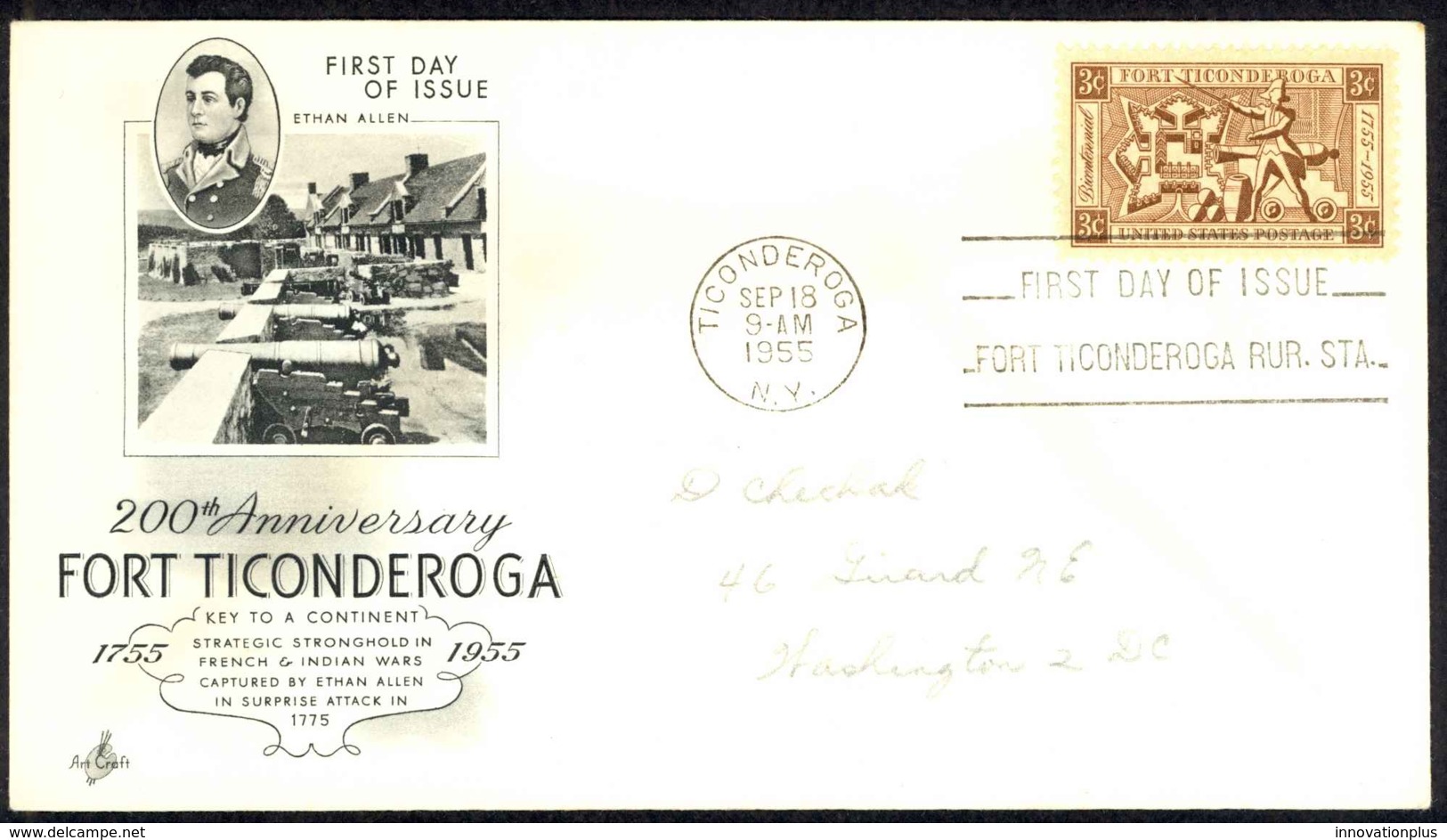 USA Sc# 1071 (ArtCraft) FDC (a) (Ticonderoga, NY) 1955 9.18 Fort Ticonderoga 200th - 1951-1960