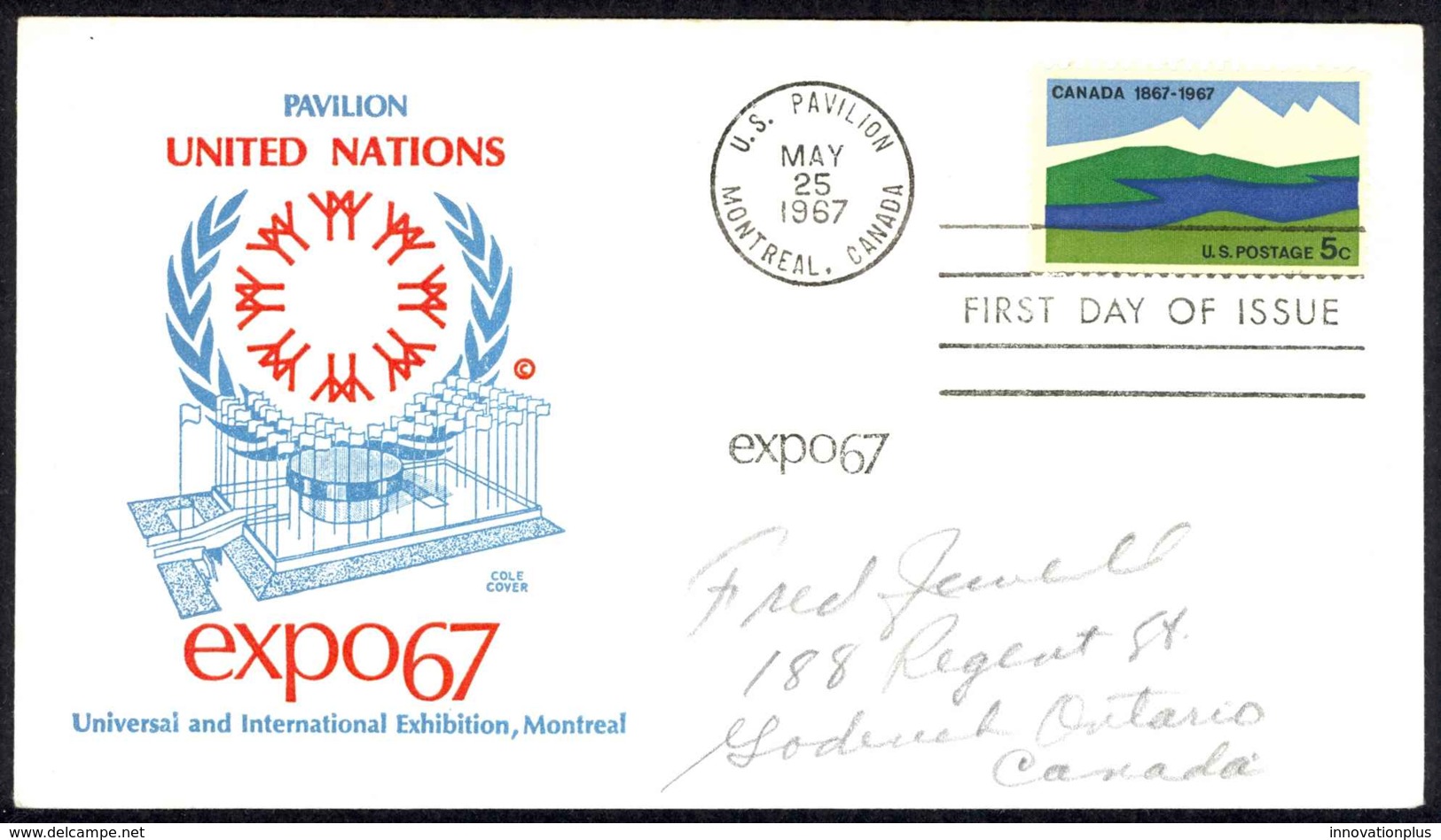 USA Sc# 1324 (Cole Cover) FDC (f) (Montreal, Canada) 1967 5.25 Canada Centennial - 1961-1970