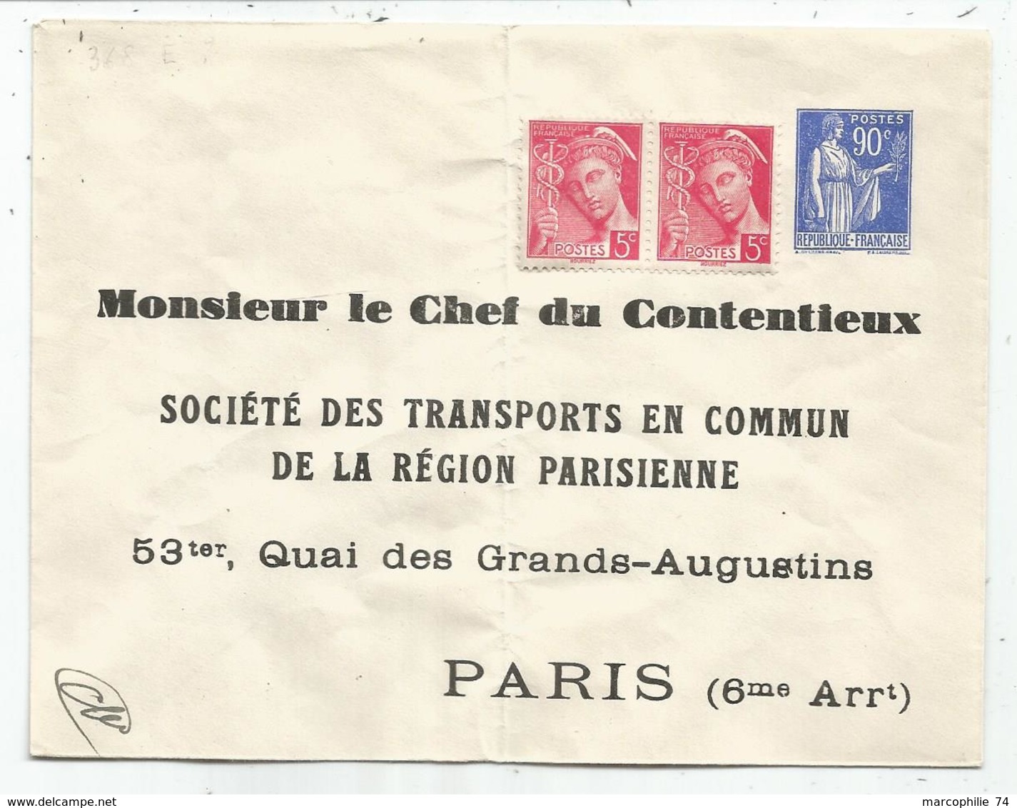 ENTIER 90C BLEU PAIX PLI CENTRAL ENVELOPPE REPIQUAGE CHEF CONTENTIEUX TRANSPORT EN COMMUN PARIS 6E - Buste Ristampe (ante 1955)