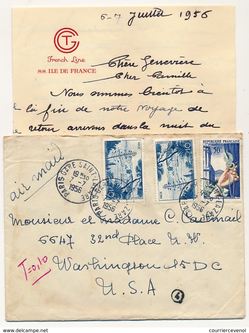 FRANCE - Enveloppe Et En-tête CGT French Line S.S Ile De France - Affr Composé 1956 Pour USA - Puce 4 - Covers & Documents