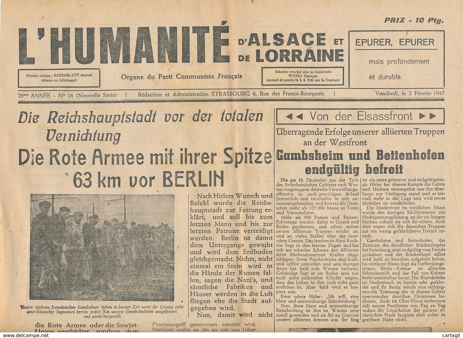 Humanité Alsace Lorraine 1945- B3719- ( Edition,  Date , Contenu ,  état ... Scan)-Envoi Gratuit - Documents