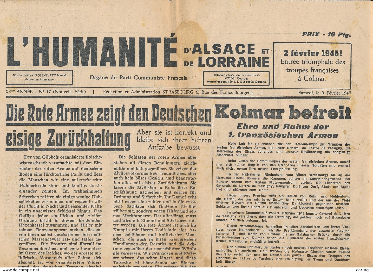 Humanité Alsace Lorraine 1945- B3719- ( Edition,  Date , Contenu ,  état ... Scan)-Envoi Gratuit - Dokumente