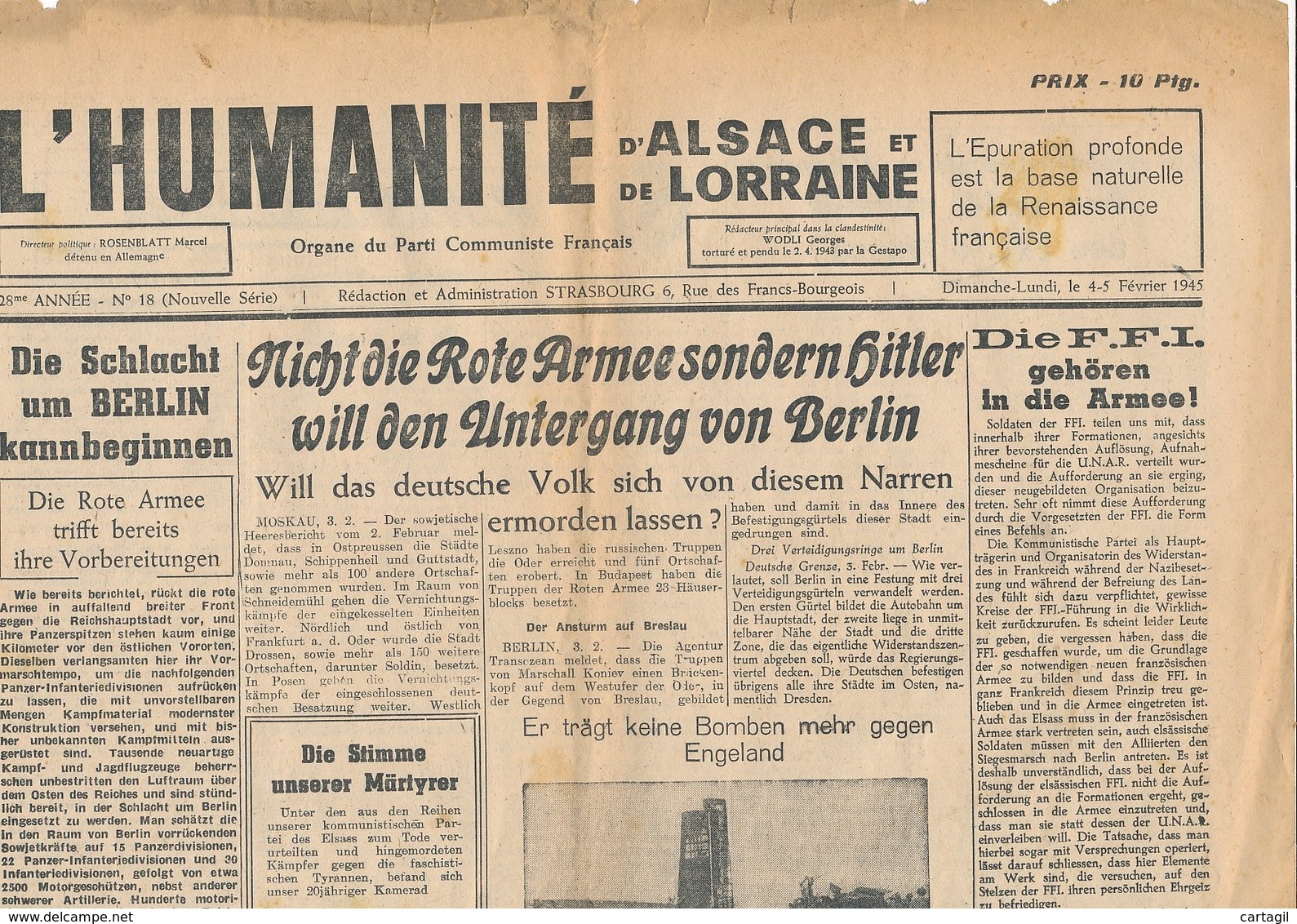 Humanité Alsace Lorraine 1945- B3719- ( Edition,  Date , Contenu ,  état ... Scan)-Envoi Gratuit - Documenten