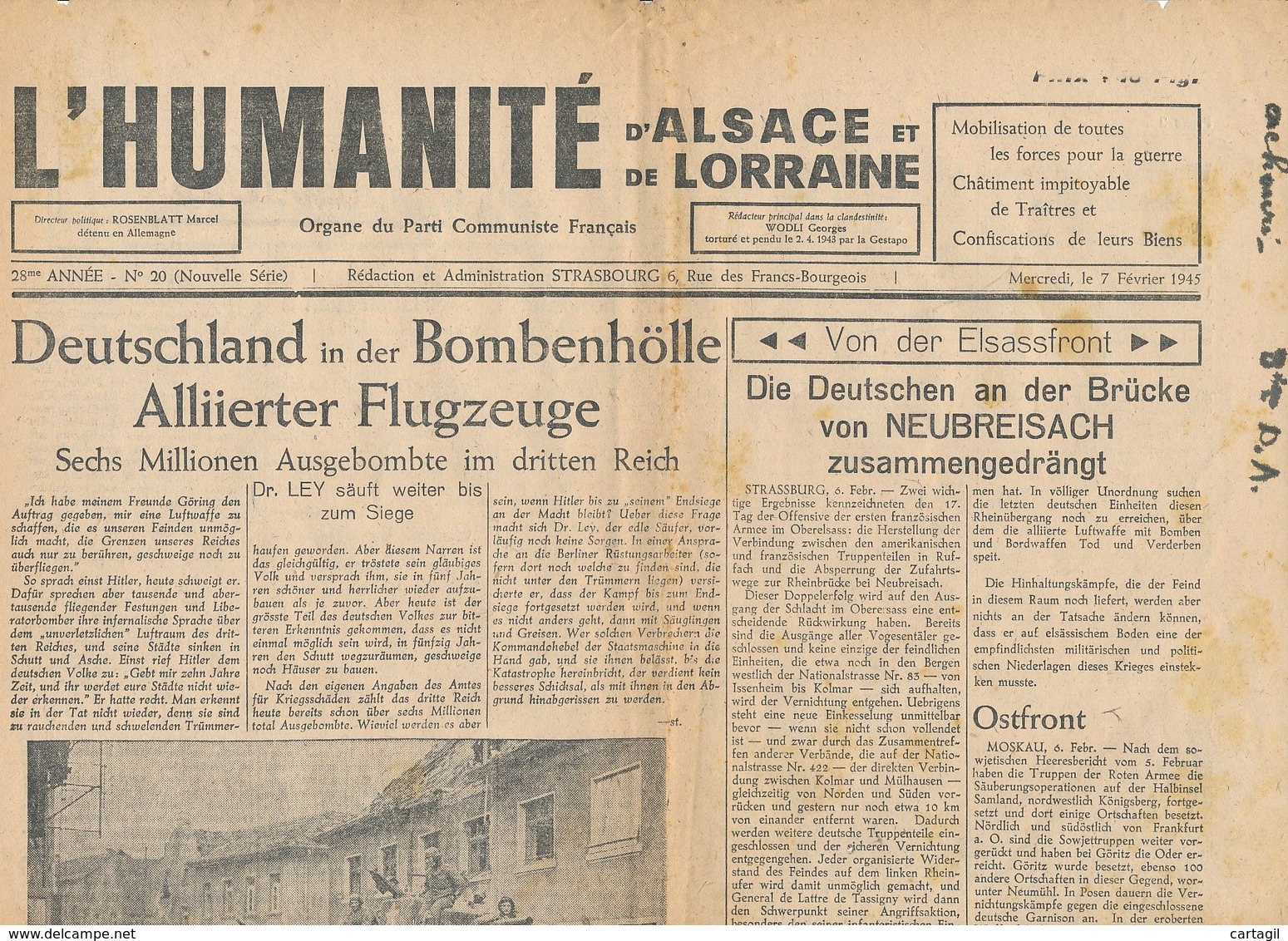 Humanité Alsace Lorraine 1945- B3719- ( Edition,  Date , Contenu ,  état ... Scan)-Envoi Gratuit - Dokumente