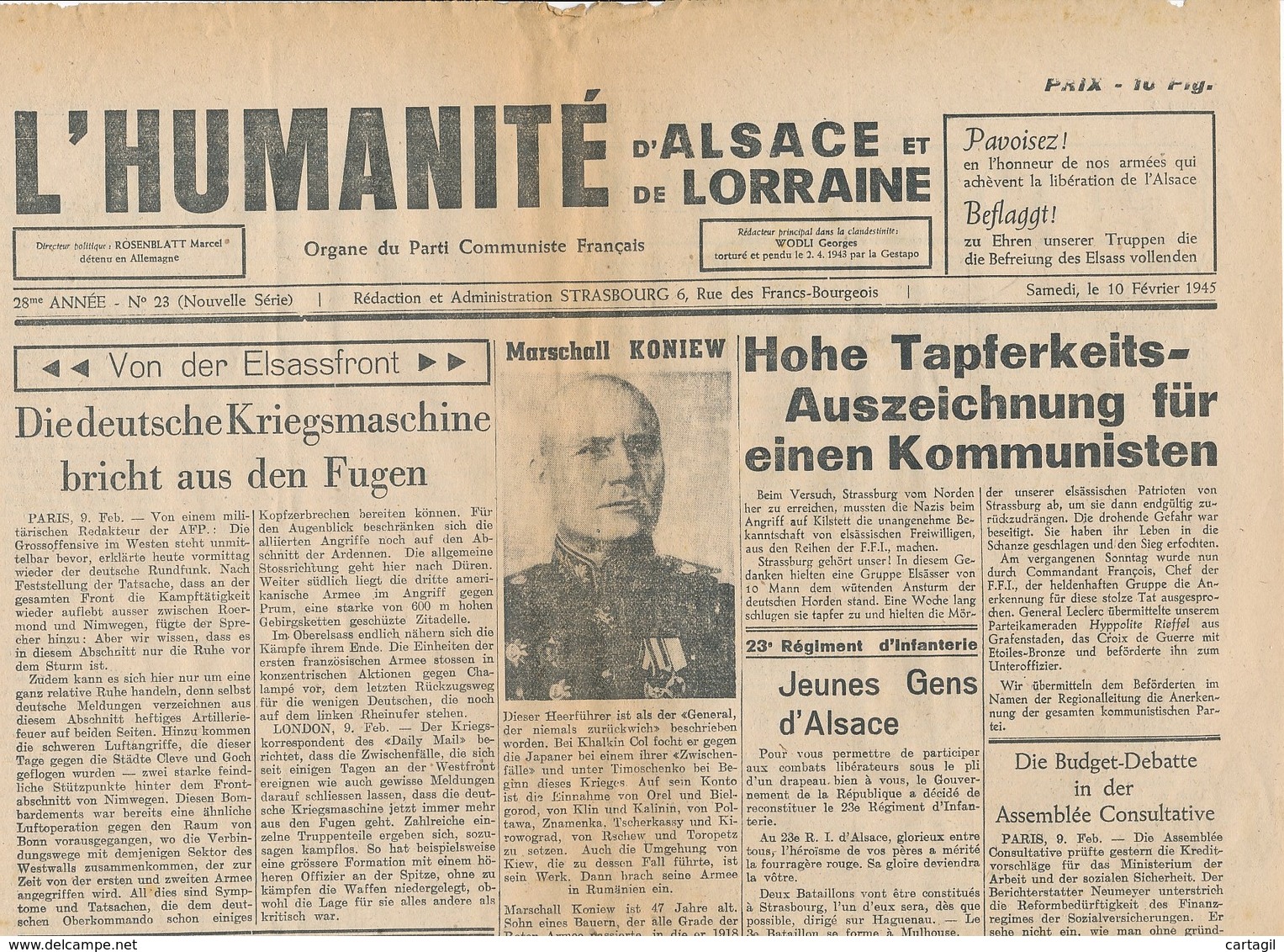 Humanité Alsace Lorraine 1945- B3719- ( Edition,  Date , Contenu ,  état ... Scan)-Envoi Gratuit - Dokumente