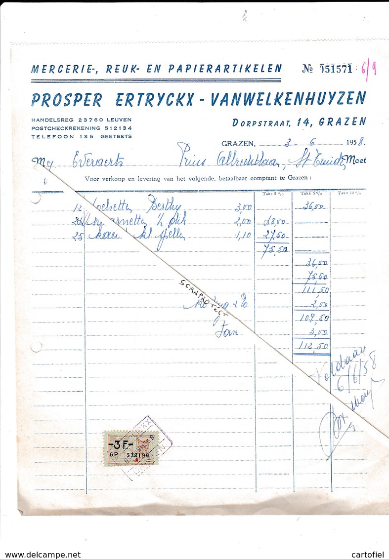 GRAZEN-GEETBETS-FACTUUR-1958-PROSPER ERTRYCKX-DORPSTRAAT-MERCERIE-REUK-PAPIERARTIKELEN-ZELDZAAM-FISCALE ZEGELS-MOOI ! ! - 1950 - ...