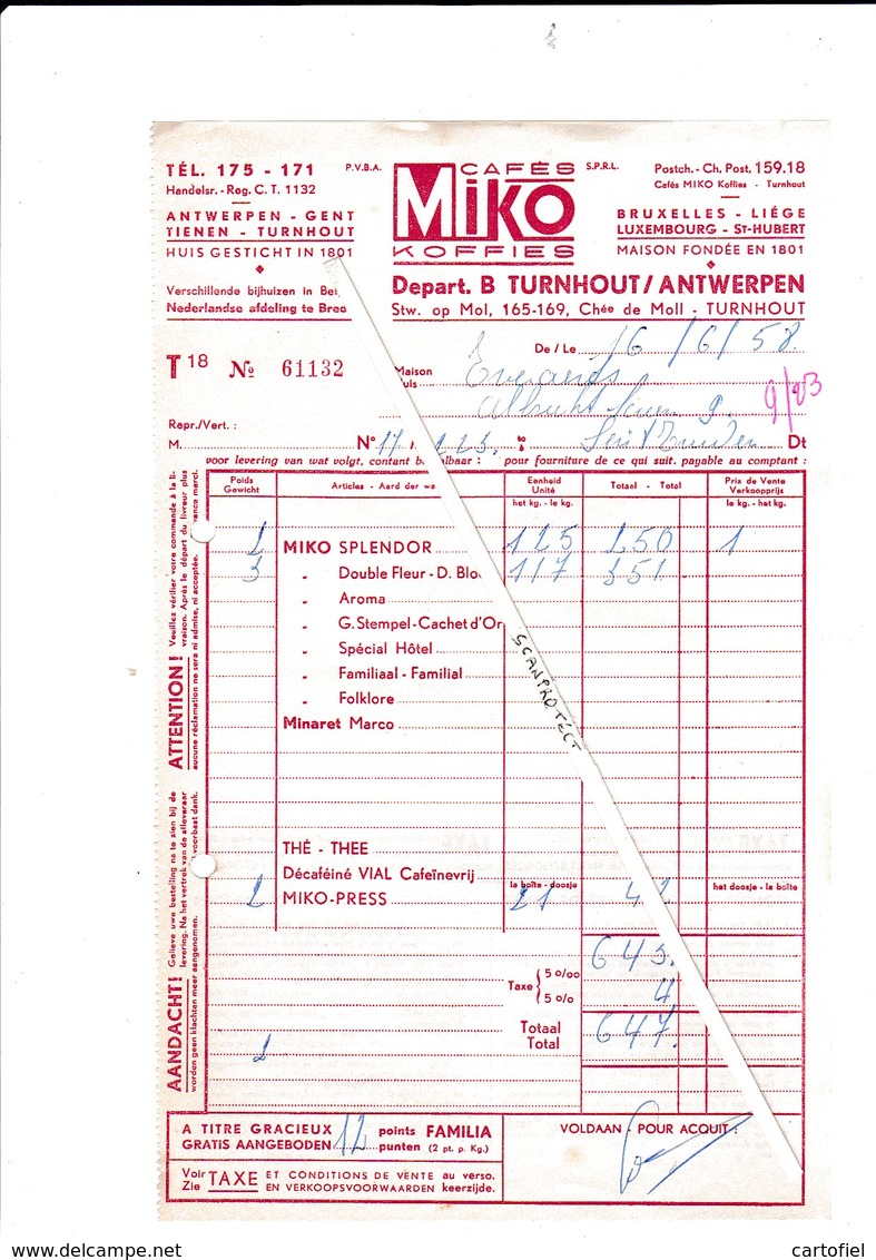 TURNHOUT-FACTUUR-1958-MIKO-KOFFIES-STEENWEG OP MOL-DEPARTEMENT B-FISCALE ZEGELS-MOOI ! ! ! - 1950 - ...