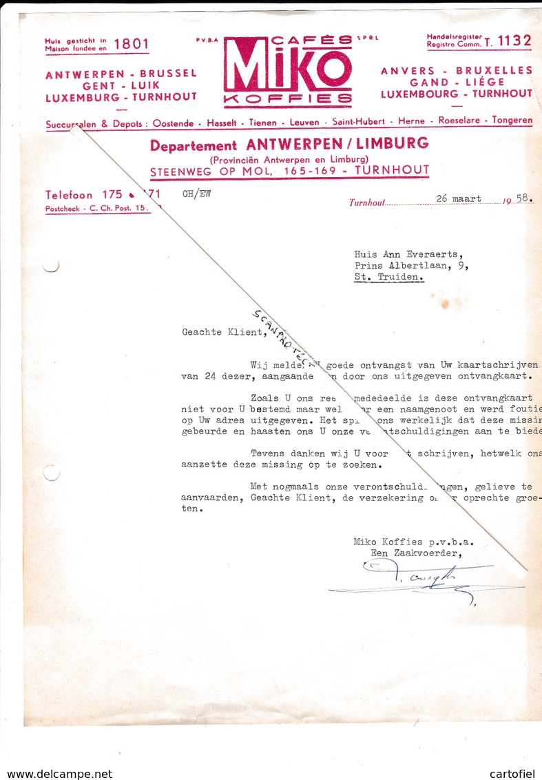 TURNHOUT-FACTUUR-BRIEF MET HOOFDING-1958-MIKO-KOFFIES-STEENWEG OP MOL-DEPARTEMENT B-FISCALE ZEGELS-MOOI ! ! ! - 1950 - ...