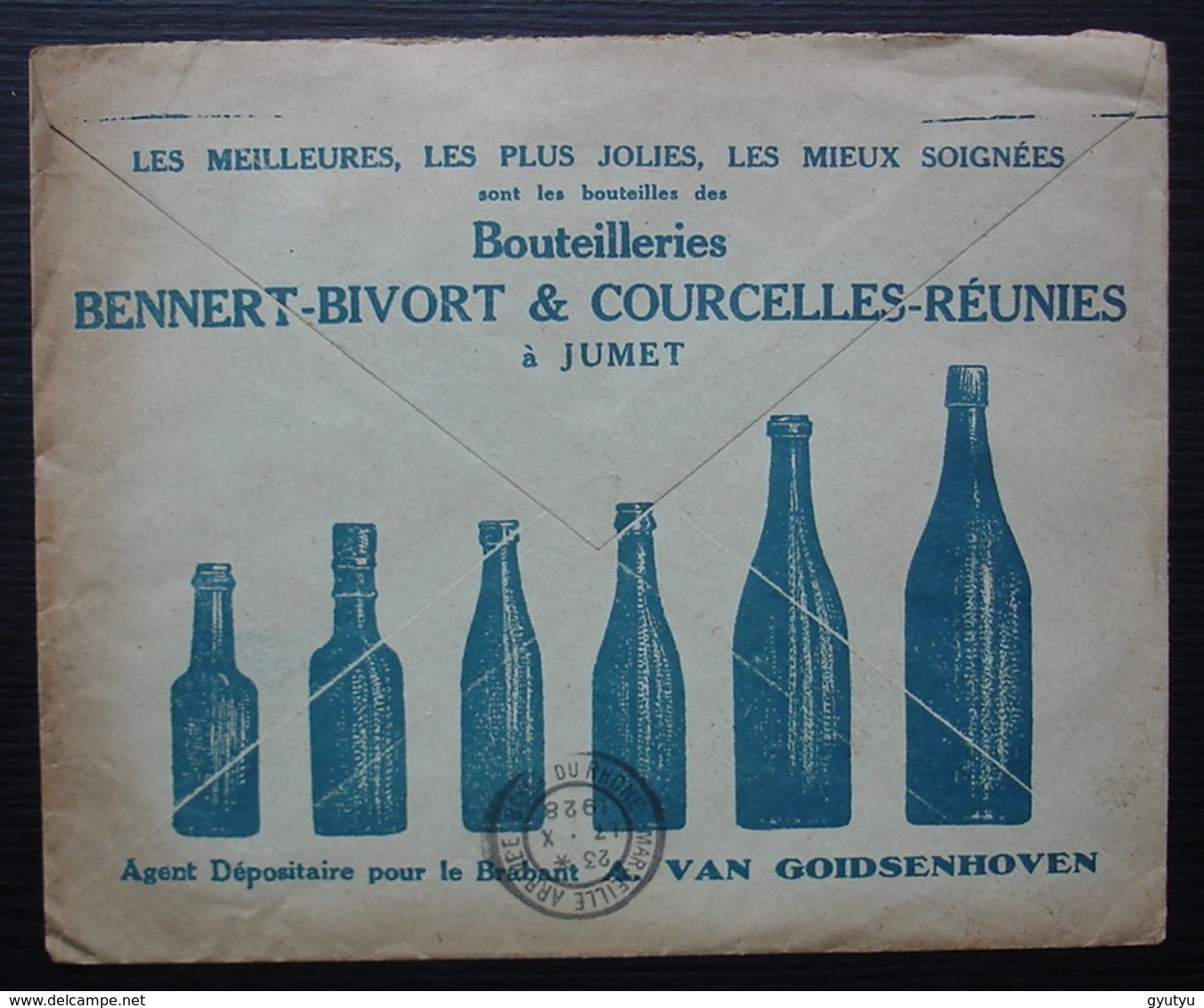 Belgique 1928 Alex Van Goidsenhoven, Bruxelles, Enveloppe Avec Pub Pour Bouteilles Bennert Bivort Courcelles à Jumet - Lettres & Documents