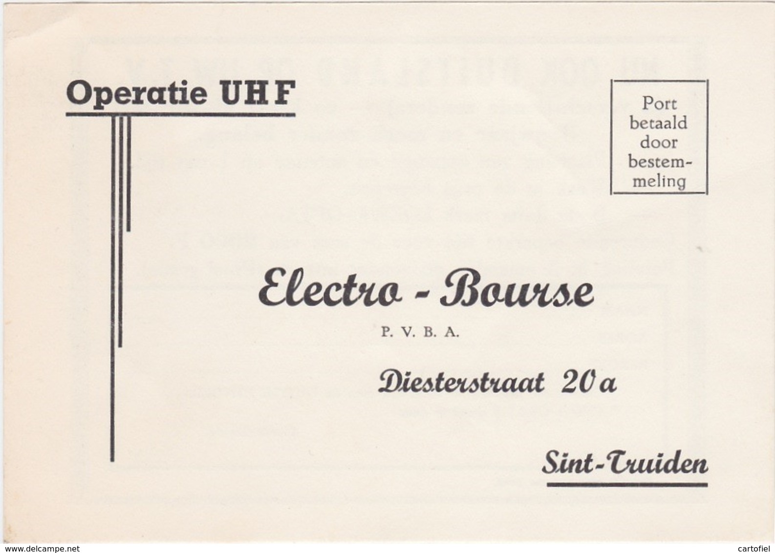 SINT-TRUIDEN-RECLAMEKAART-ELECTRO-BOURSE-DIESTERSTRAAT-OPERATIE UHF-TELEVISIE-EIND JAREN'50-MOOI-ZIE 2 SCANS ! ! ! - Sint-Truiden