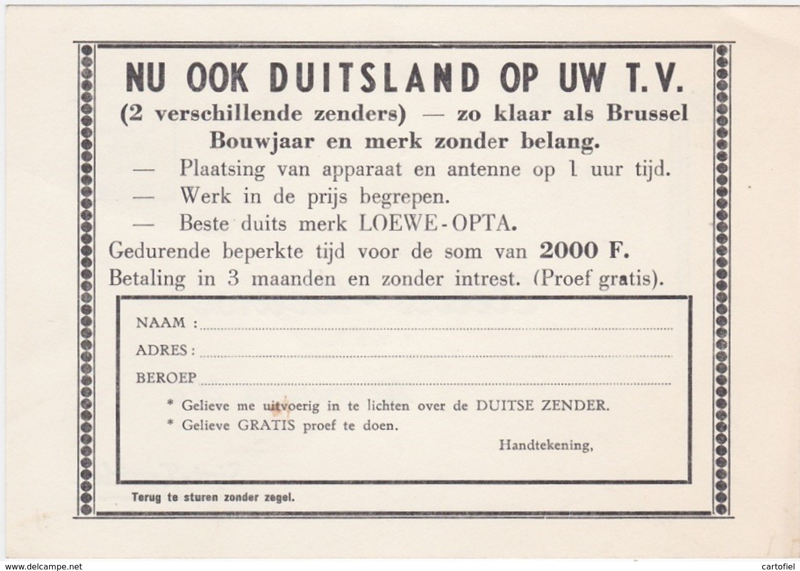 SINT-TRUIDEN-RECLAMEKAART-ELECTRO-BOURSE-DIESTERSTRAAT-OPERATIE UHF-TELEVISIE-EIND JAREN'50-MOOI-ZIE 2 SCANS ! ! ! - Sint-Truiden