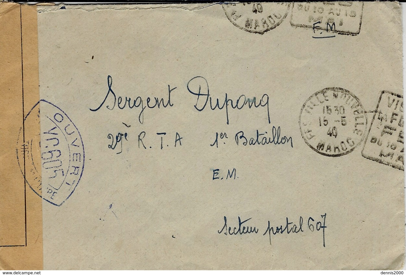 1940- Enveloppe De FES ( Maroc ) En F M Avec Censure Y C 605 Pour Le S P 607 - Guerra De 1939-45