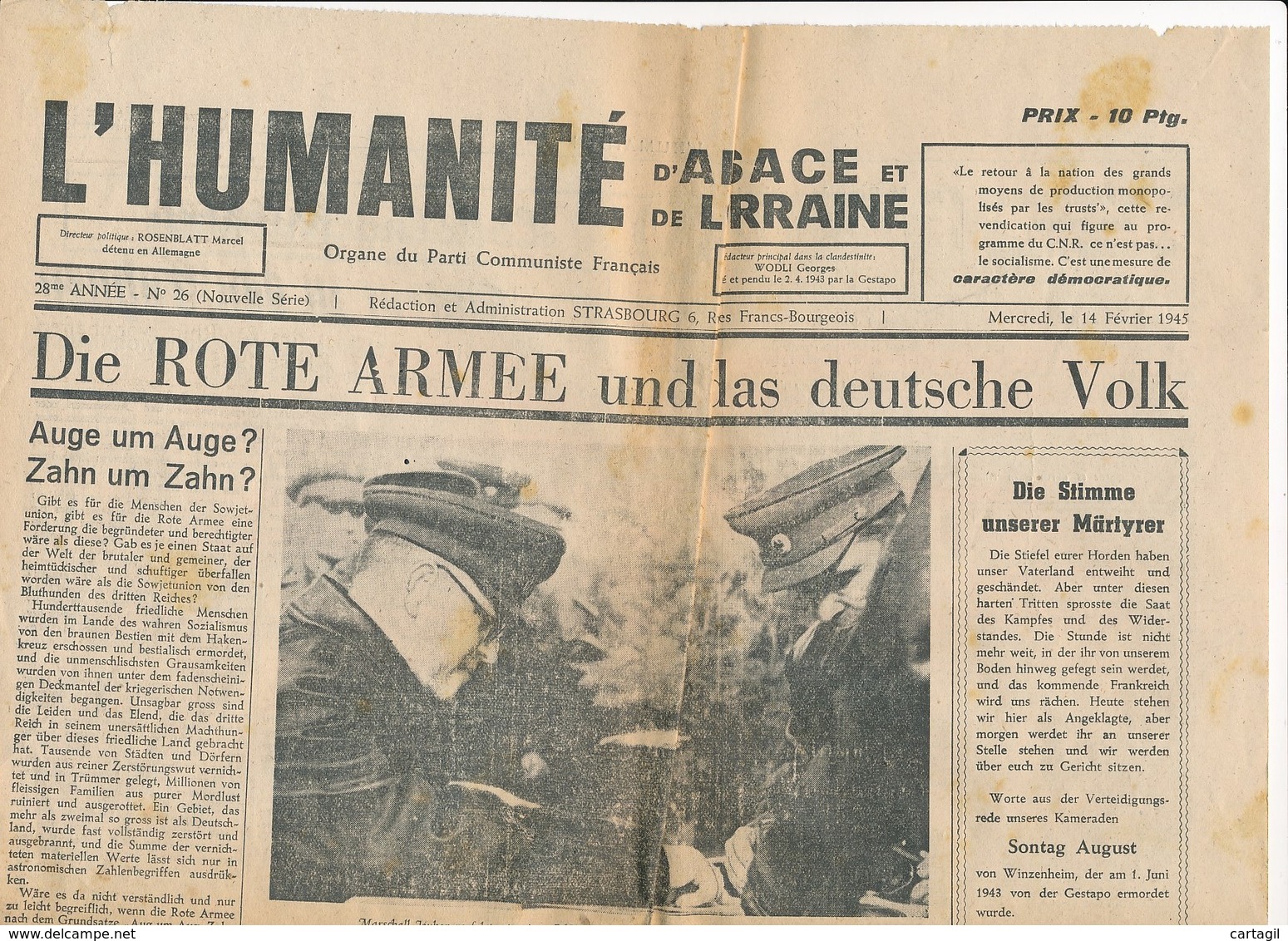 Humanité Alsace Lorraine 1945- B3719- ( Edition,  Date , Contenu ,  état ... Scan)-Envoi Gratuit - Documents