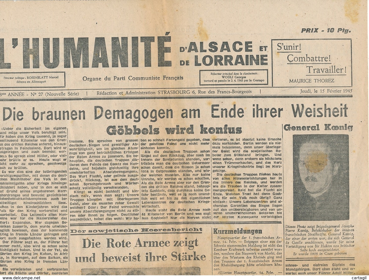 Humanité Alsace Lorraine 1945- B3719- ( Edition,  Date , Contenu ,  état ... Scan)-Envoi Gratuit - Documents