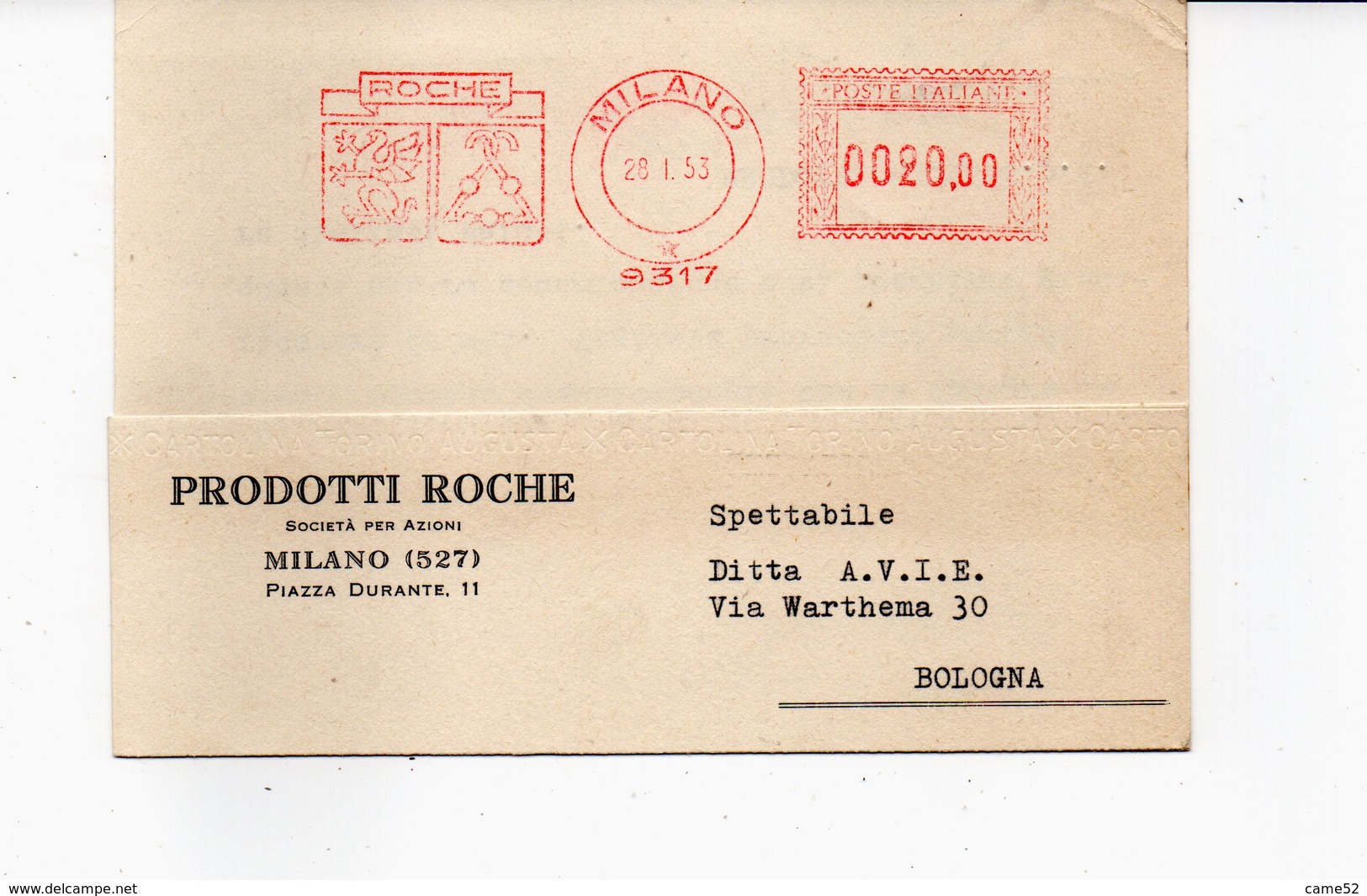 1953 EMA Affrancatura Meccanica Rossa Freistempel Milano ROCHE Società Prodotti Farmaceutici Stemmi - Franking Machines (EMA)