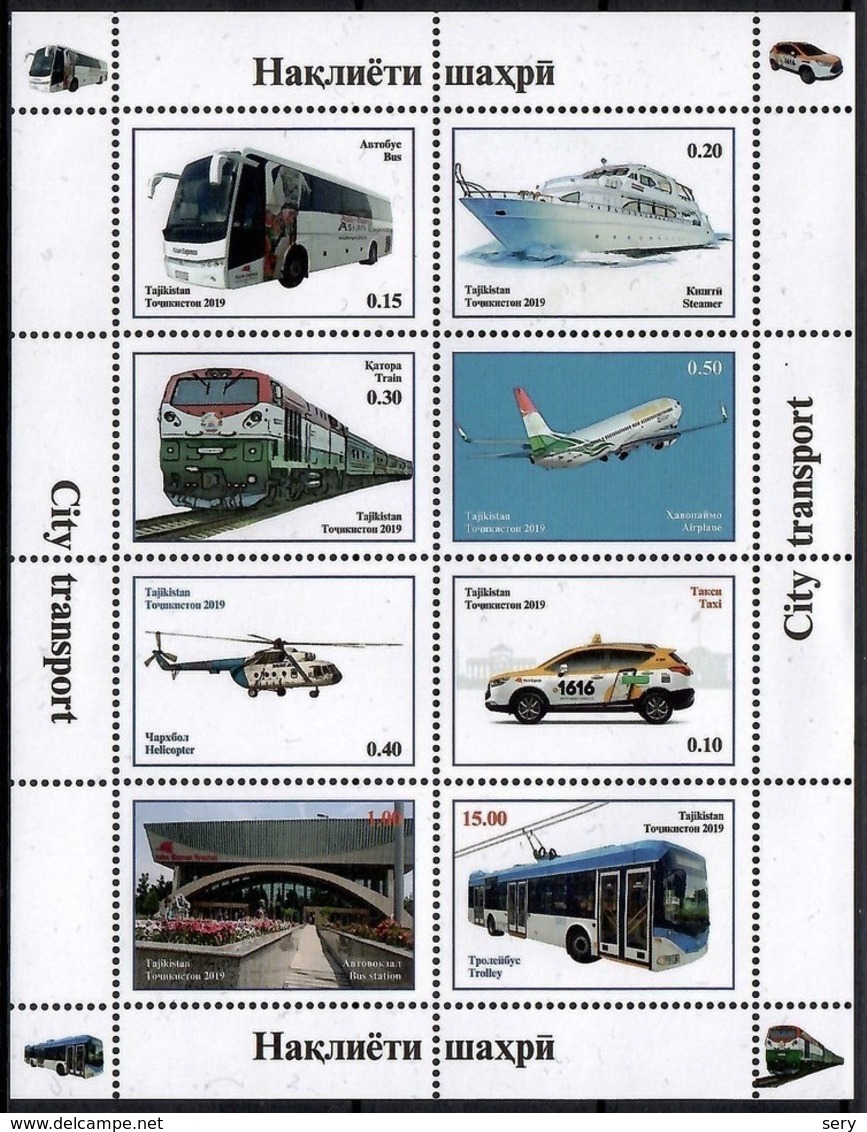 Tajikistan 2019 MS MNH City Transport Bus Steamer Train Airplane Helicopter Car Taxi Trolley - Elicotteri