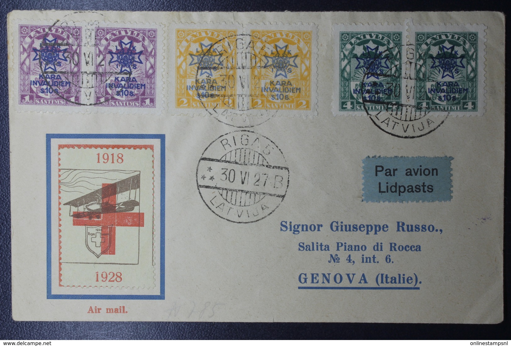 LATVIJA First Flight Cover 30-11-1927  Mi. 100 - 102  With Red Cross Label Riga To Genova Italy - Lettonie