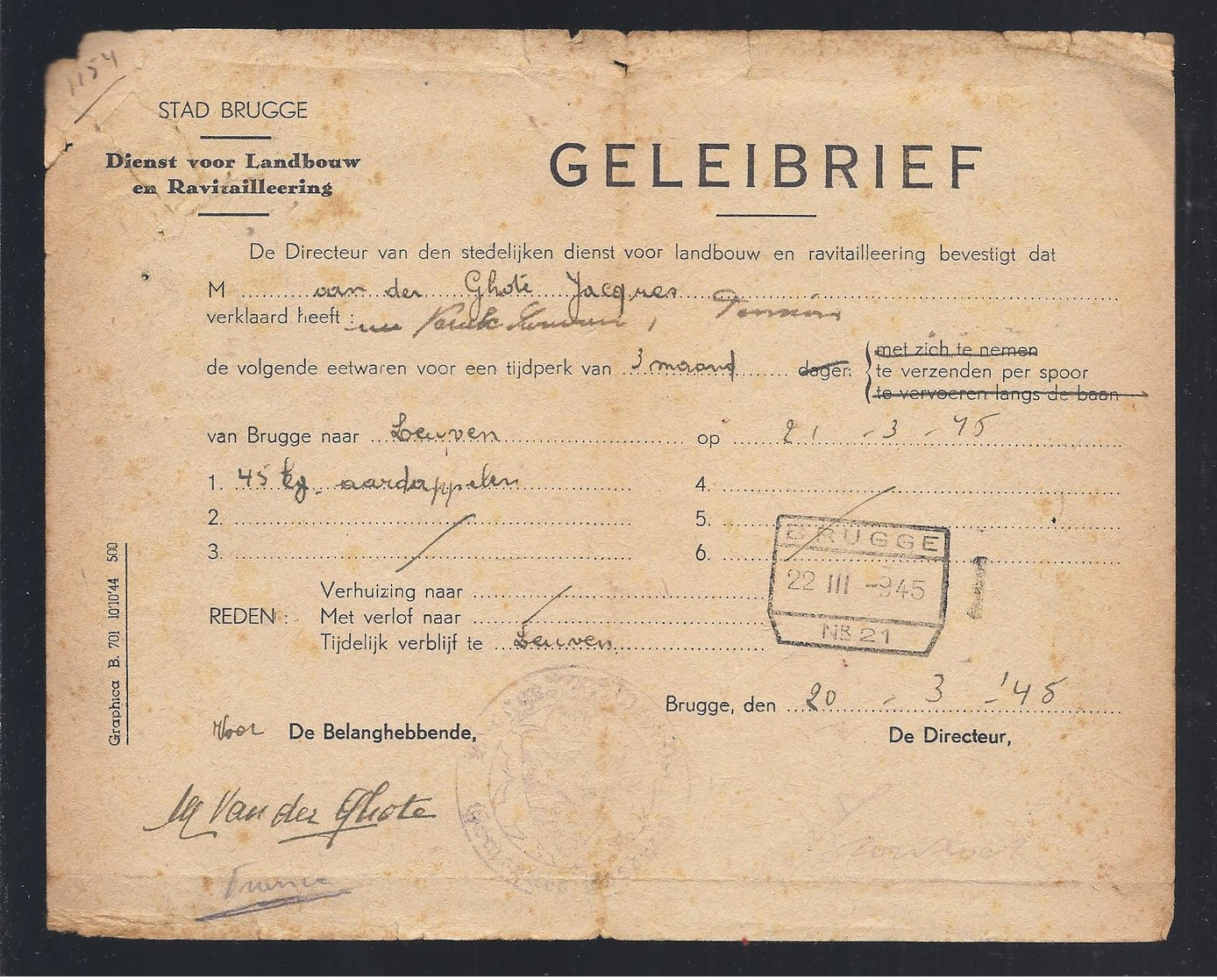 1945 GELEIBRIEF STAD BRUGGE DIENST VOOR LANDBOUW EN REVITAILLEERING VAN DER GHOTE 45 KG. AARDAPPELEN à LEUVEN - Historische Dokumente