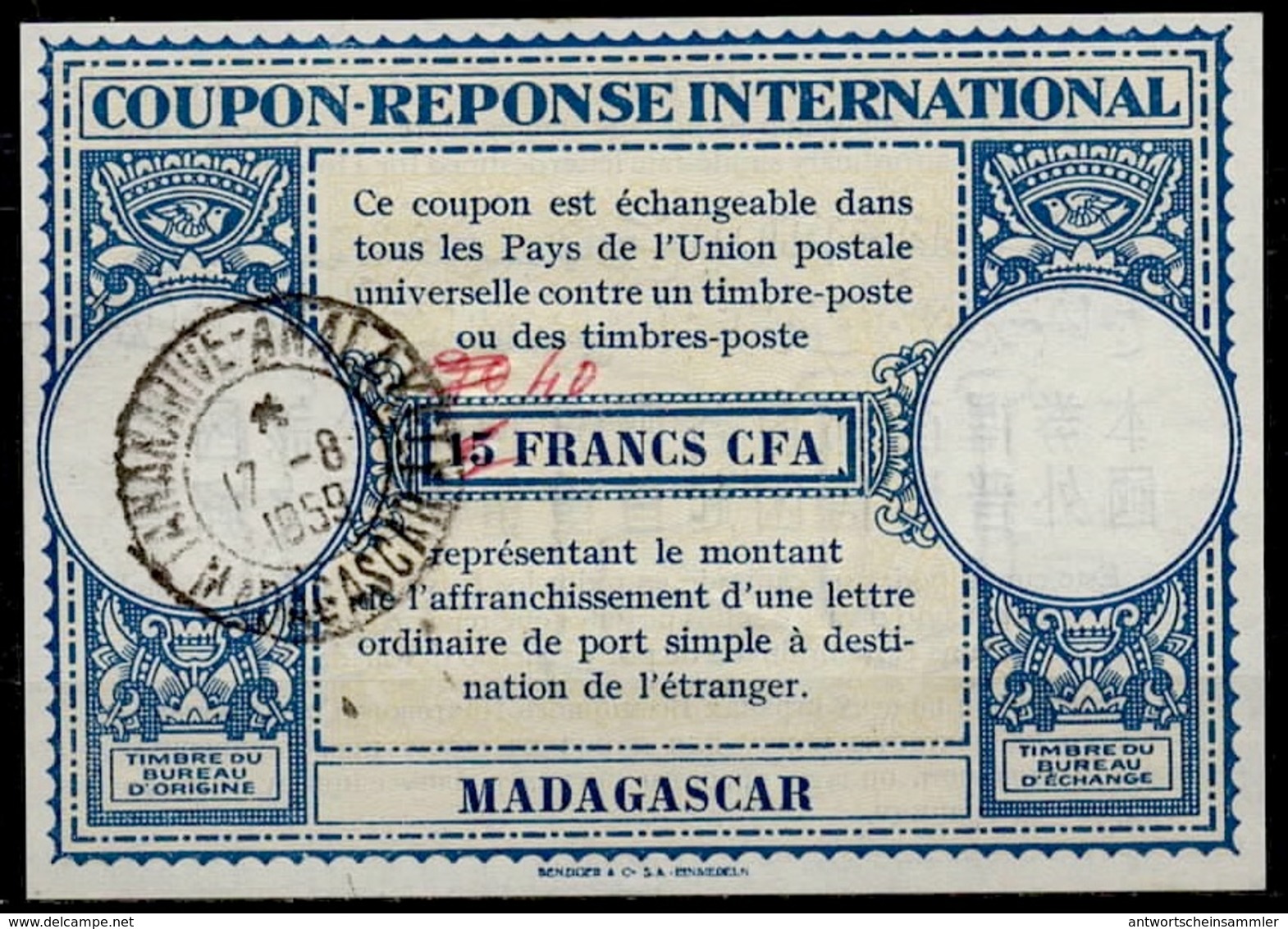 MADAGASCAR  Lo15  40 / 30 / 15 FRANCS CFA  International Reply Coupon Reponse IAS IRC Antwortschein O TANANARIVE 17.8.59 - Lettres & Documents