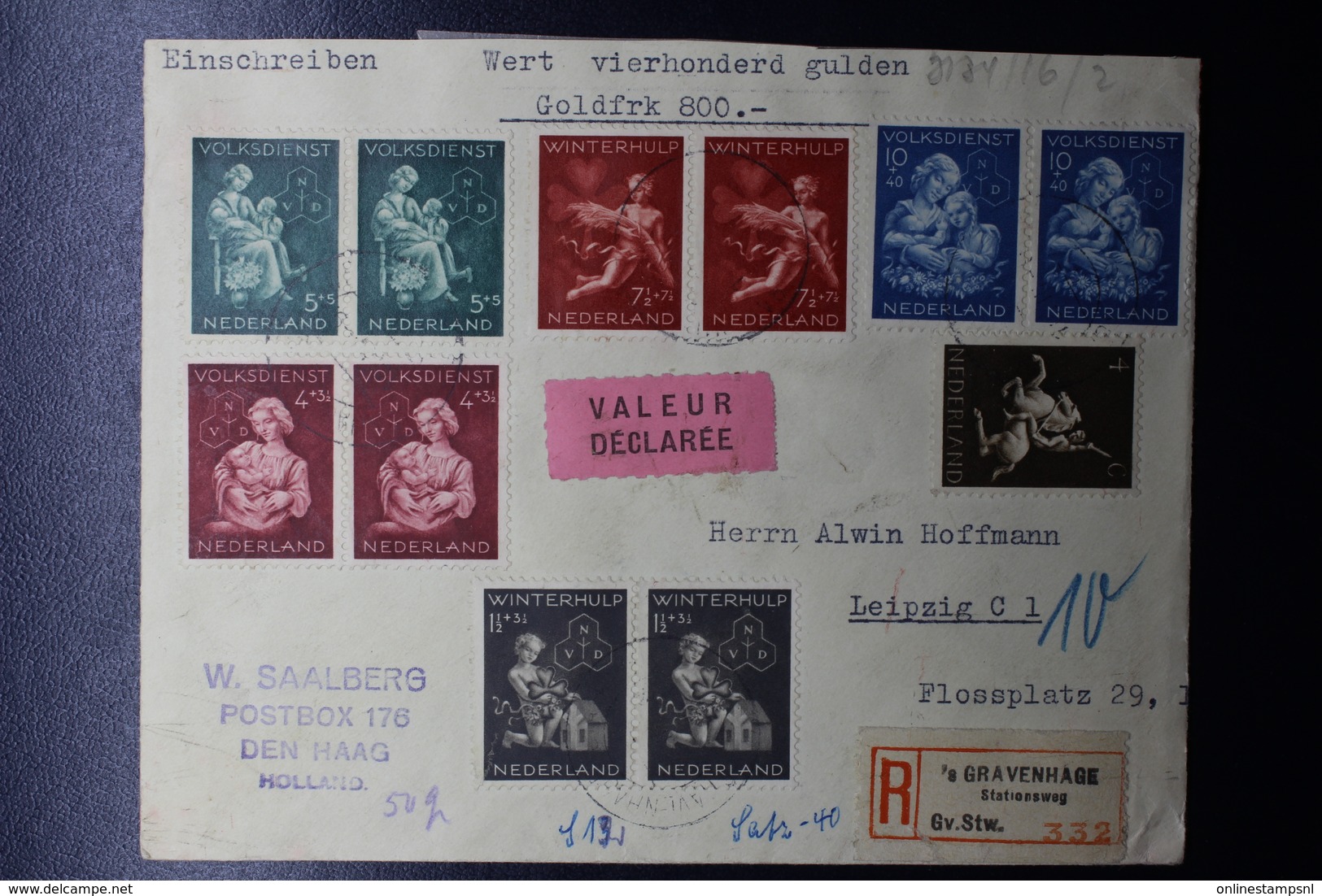 Netherlands Registered Cover Valeur Declarée 400 Gulden / Goldfrk 800 1944 Den Haag -> Leipzig Wax Sealed NPVH 423-427 - Covers & Documents