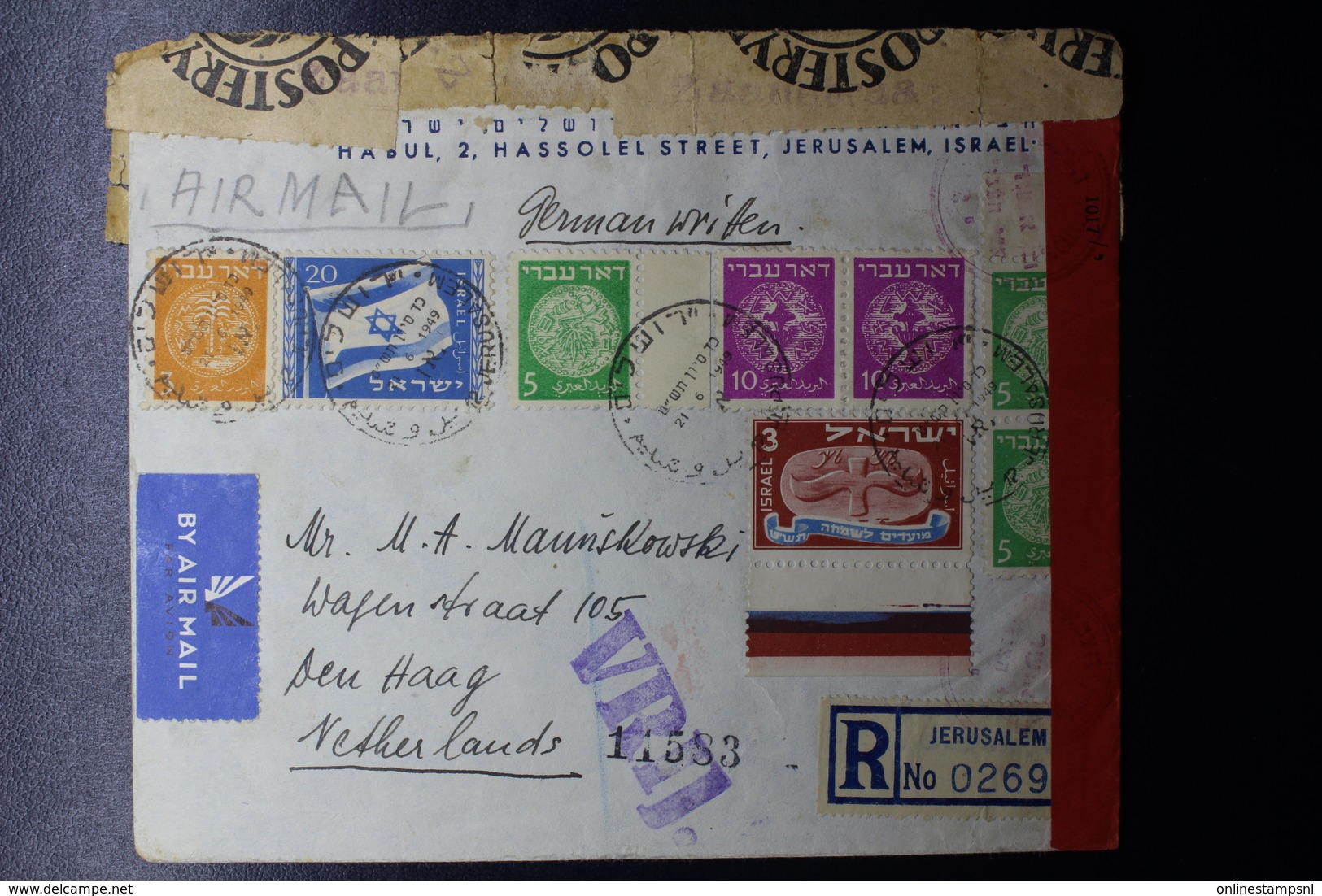 ISRAEL Mixed Stamps First Emmision Reg. Cover 1949 Jerusalem -> The Hague With DUTCH Censorlabels RRR - Cartas & Documentos