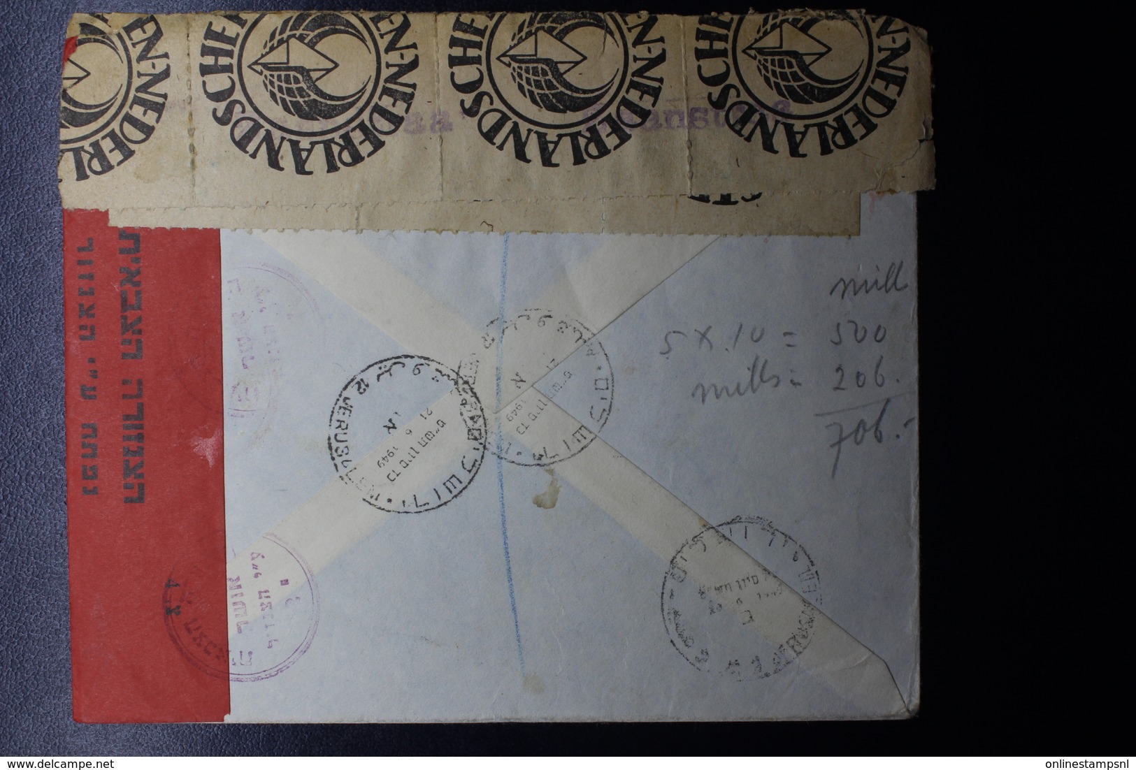 ISRAEL Mixed Stamps First Emmision Reg. Cover 1949 Jerusalem -> The Hague With DUTCH Censorlabels RRR - Storia Postale