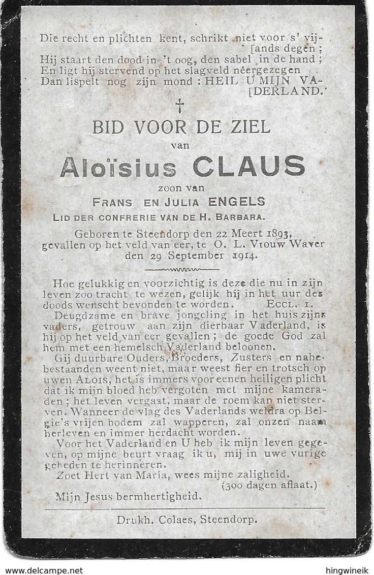 Claus Aloisius ( Gesneuveld  Steendorp 1893 -olv Waver  1914) - Religion & Esotérisme