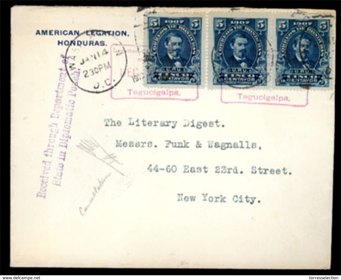 HONDURAS. 1919. Cover Via Diplomatic Bag To New York From US Legation In Honduras Franked By 1907 5c Blue Strip Of Three - Honduras