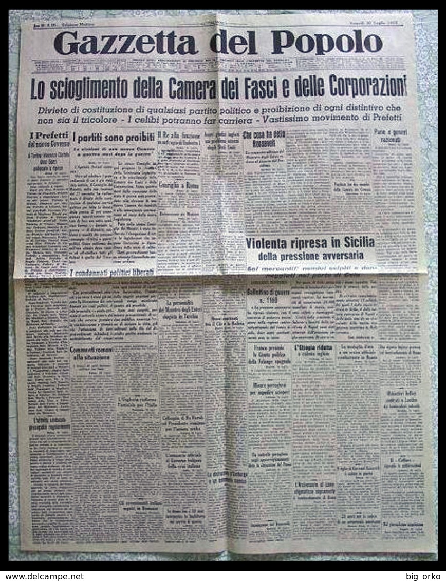 GAZZETTA Del POPOLO (Torino) - 30 Luglio 1943 (Scioglimento Del Partito Fascista - Combattimenti In Sicilia) - Italian