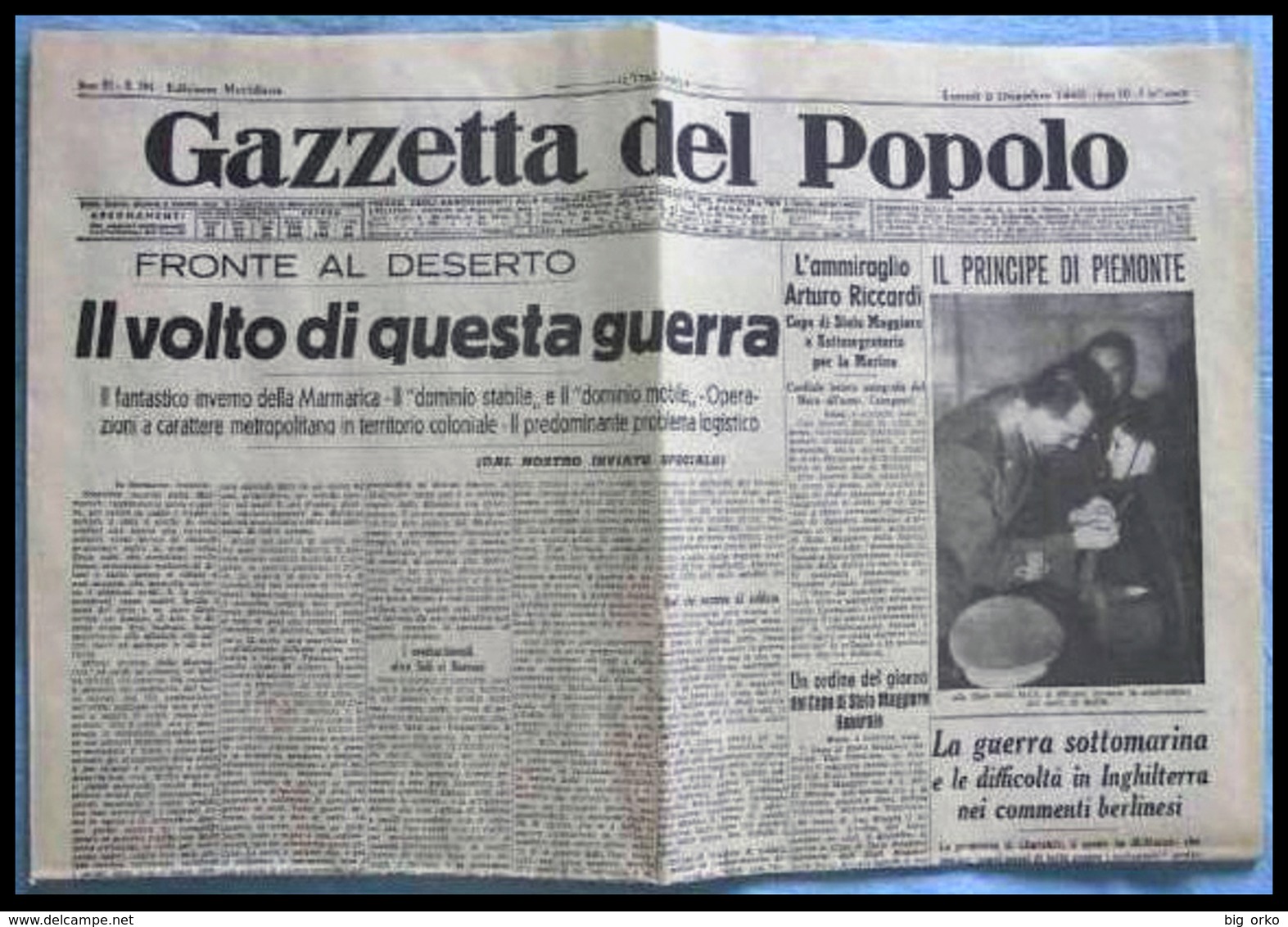 GAZZETTA DEL POPOLO (Torino) &ndash; Lunedì 9 Dicembre 1940 (Fronte Nord Africano - Campionato Calcio Risultati Partite) - Italian