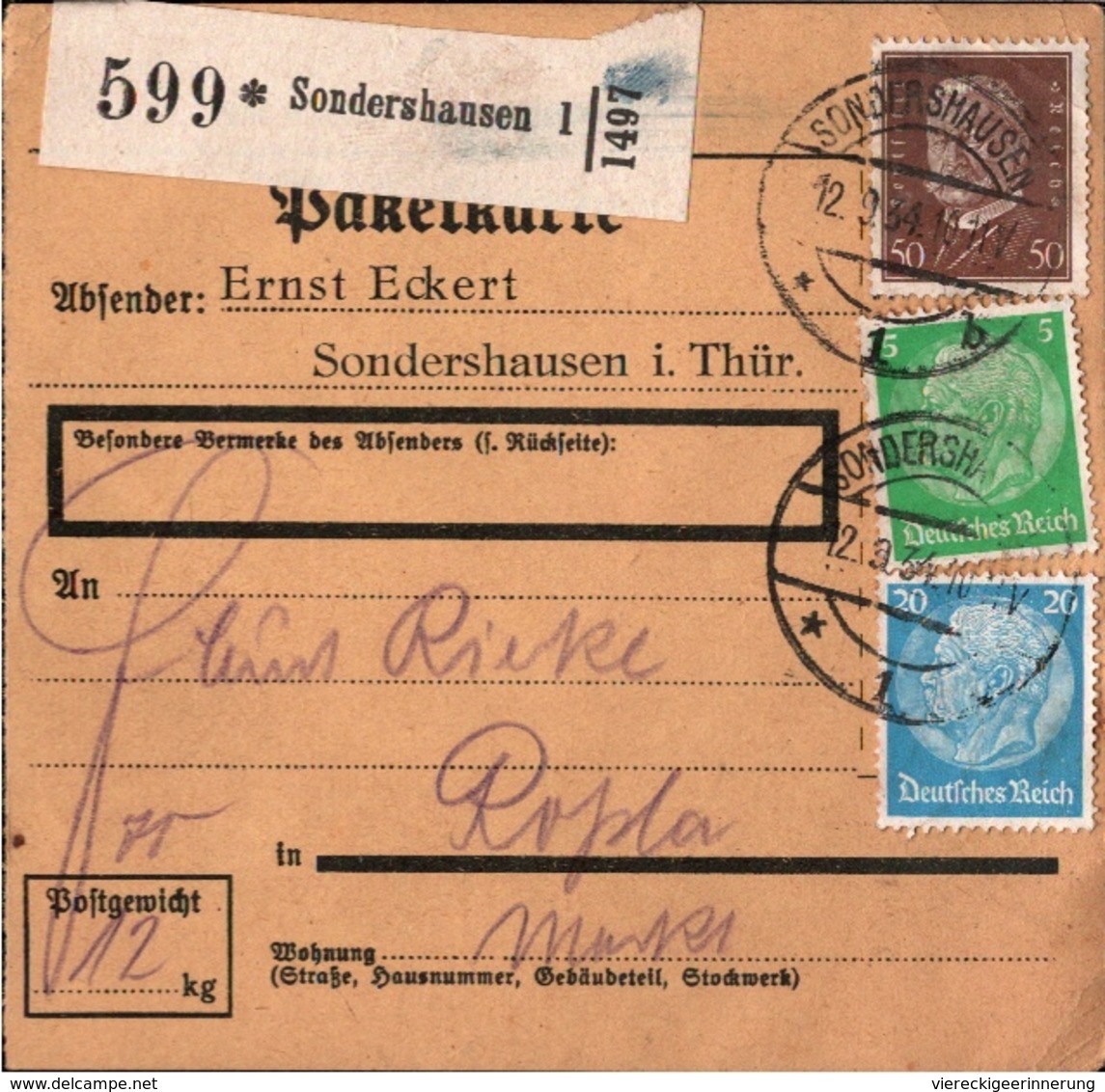 ! 1934 Paketkarte Deutsches Reich, Sondershausen Nach Roßla - Briefe U. Dokumente