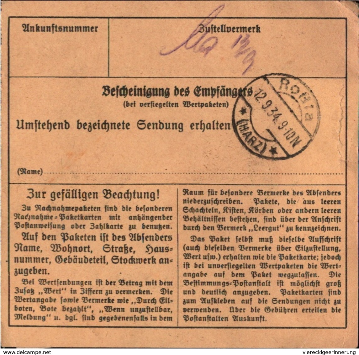 ! 1934 Paketkarte Deutsches Reich, Sondershausen Nach Roßla - Briefe U. Dokumente