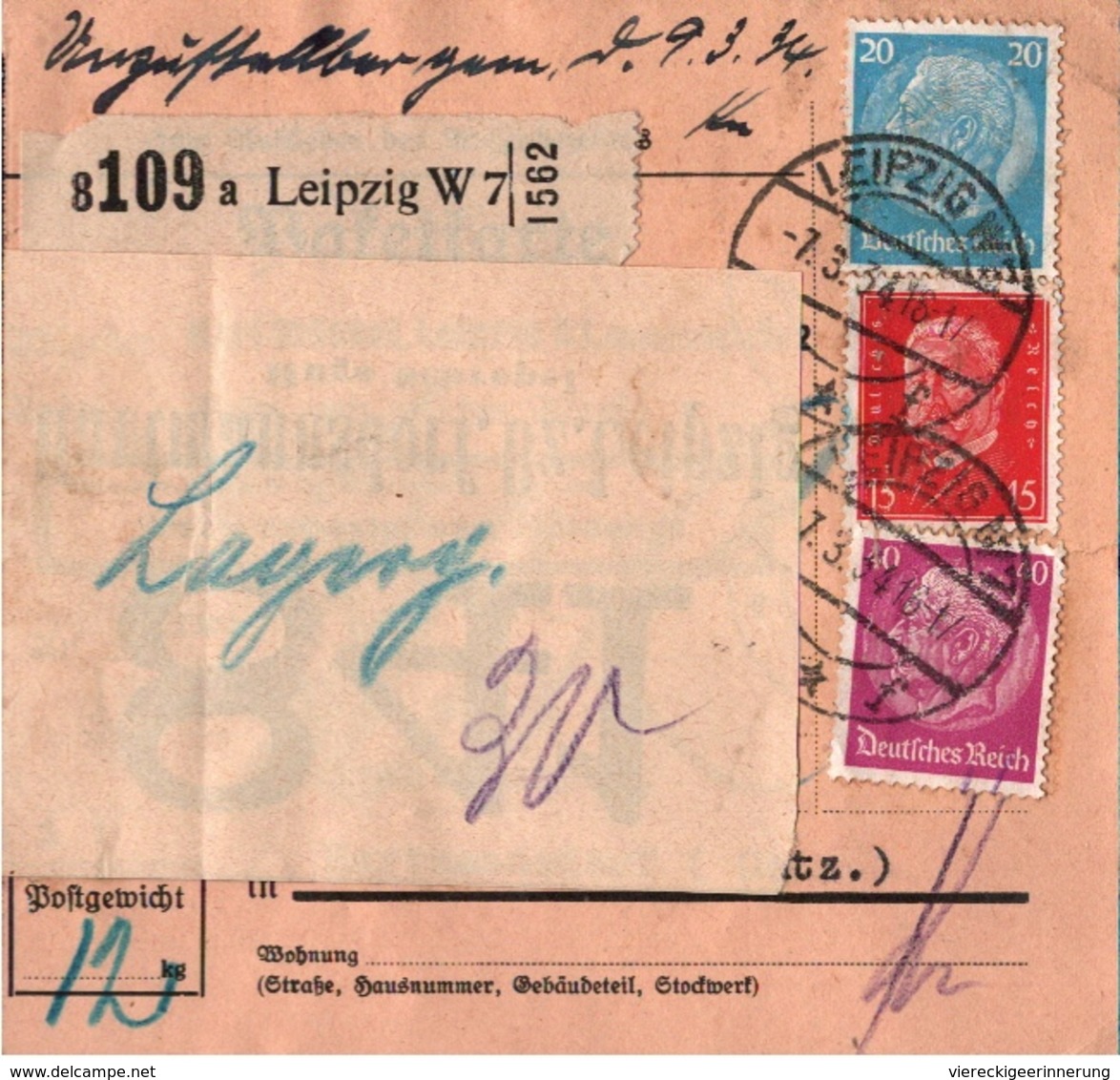 ! 1934 Paketkarte Deutsches Reich, Leipzig  Nach Hartmannsdorf - Storia Postale