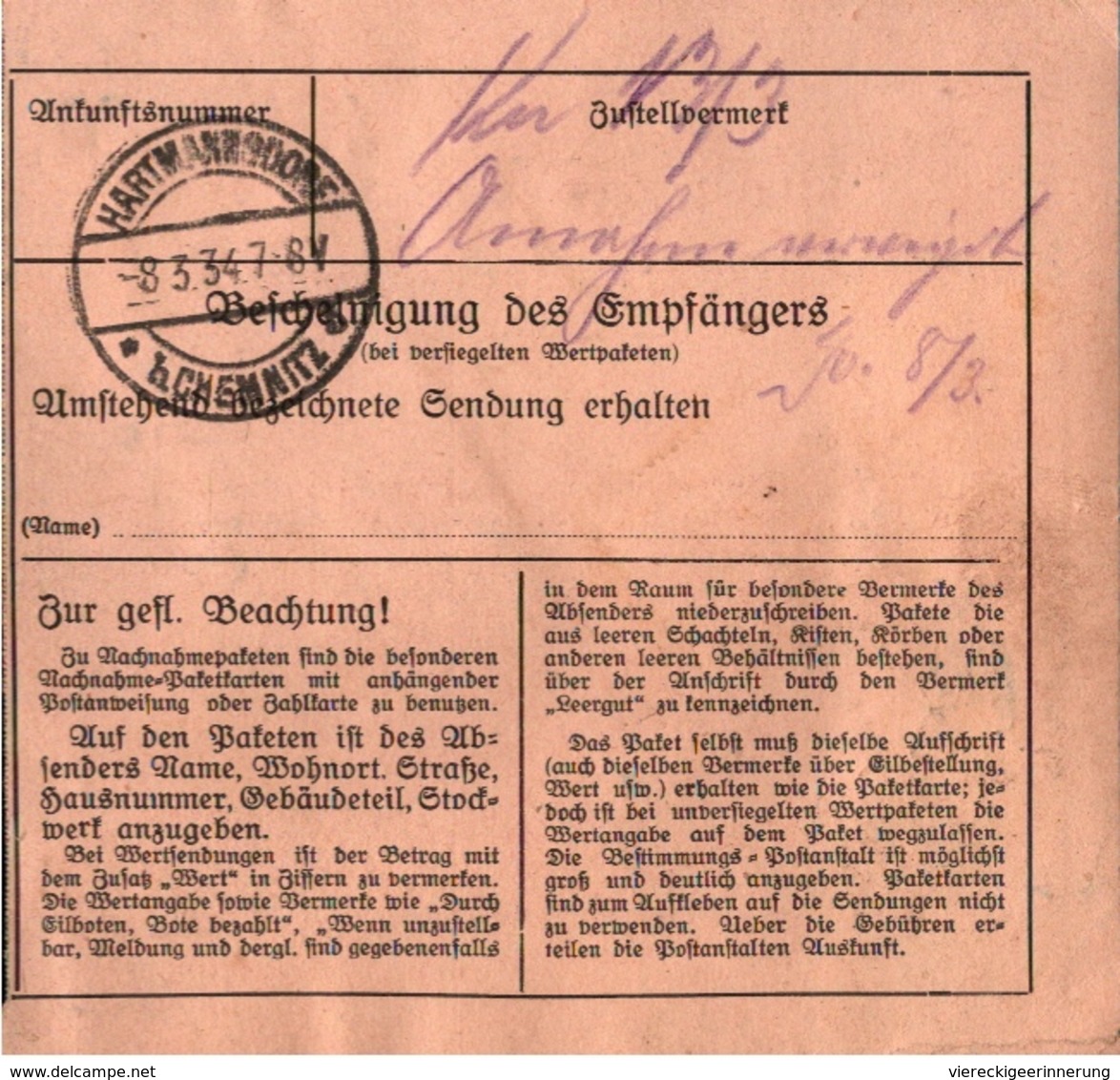 ! 1934 Paketkarte Deutsches Reich, Leipzig  Nach Hartmannsdorf - Storia Postale