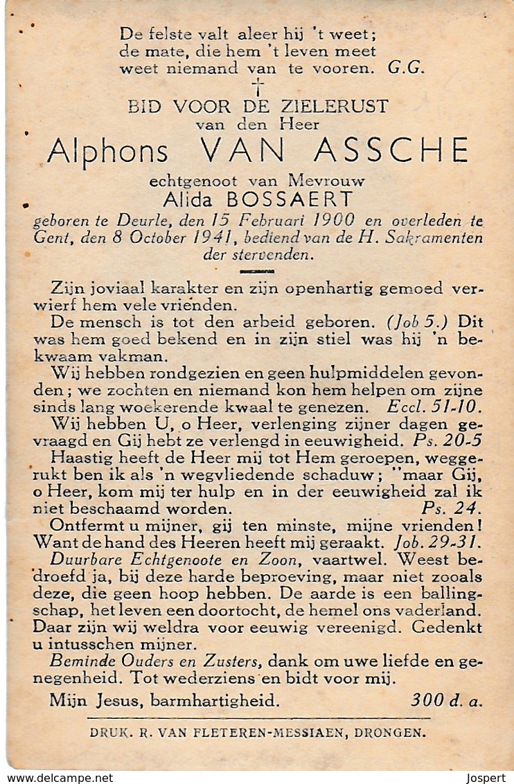 Deurle, Gent, 1941, Alphons Van Assche, Bossaert - Images Religieuses