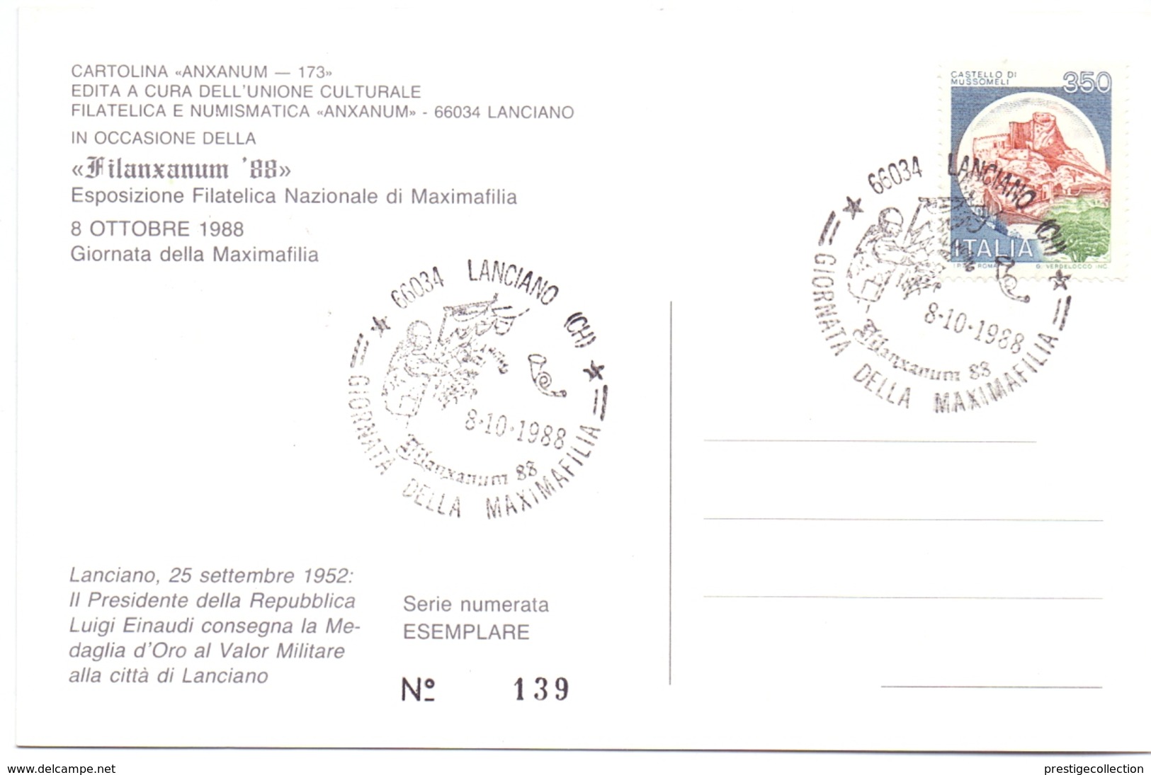 GIORNATA DELLA MAXIMAFILIA LANCIANO  1988 MAXIMUM POST CARD (GENN200527) - Esposizioni Filateliche