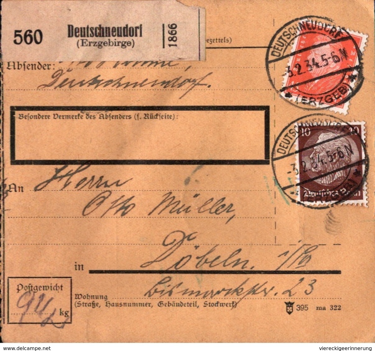 ! 1934  Paketkarte Deutsches Reich, Deutschneudorf Im Erzgebirge Nach Döbeln, Sachsen - Storia Postale