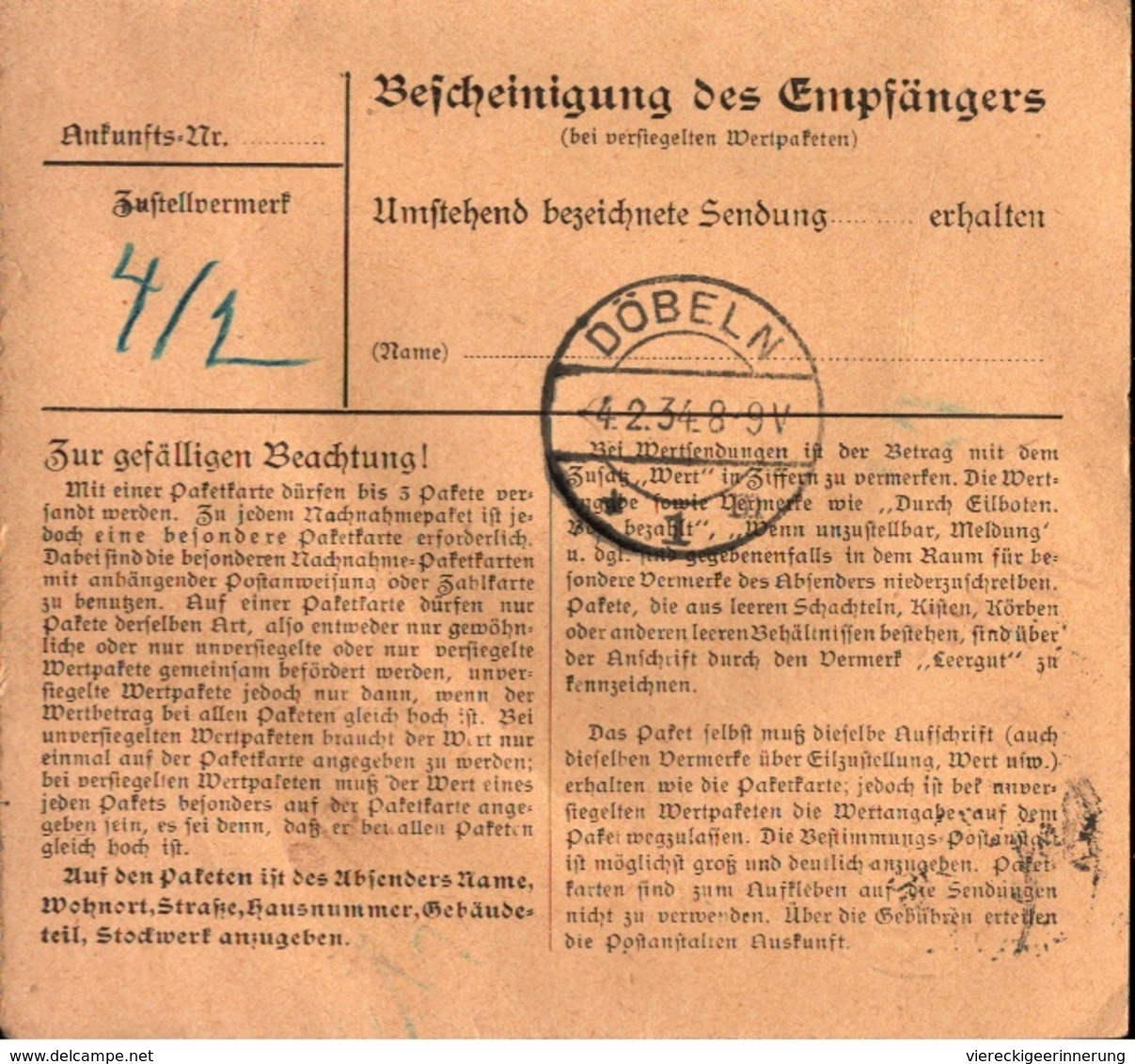 ! 1934  Paketkarte Deutsches Reich, Deutschneudorf Im Erzgebirge Nach Döbeln, Sachsen - Storia Postale