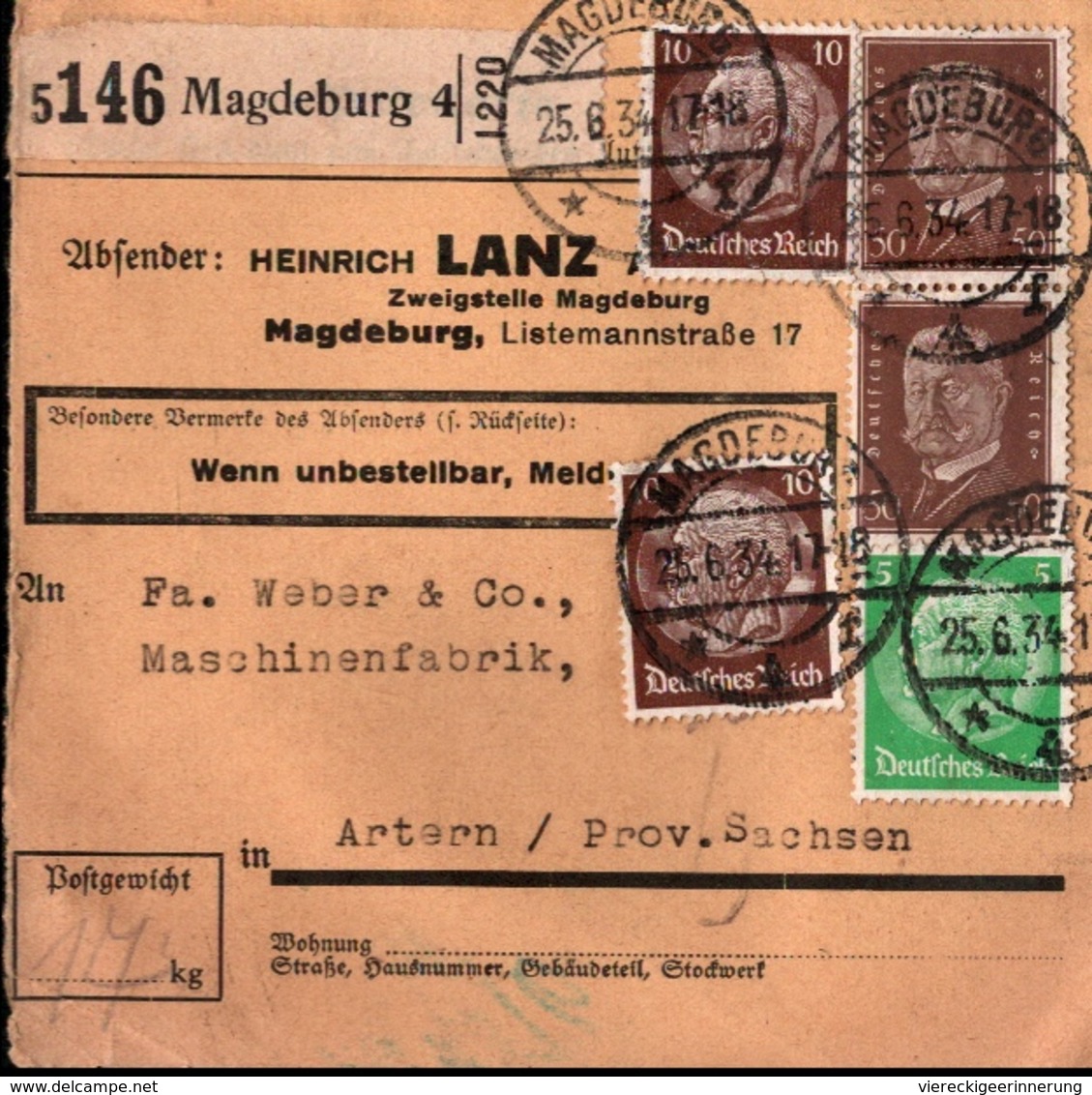 ! 1934  Paketkarte Deutsches Reich, Magdeburg ( Lanz Traktoren, Heinrich Lanz ) Nach Artern - Storia Postale