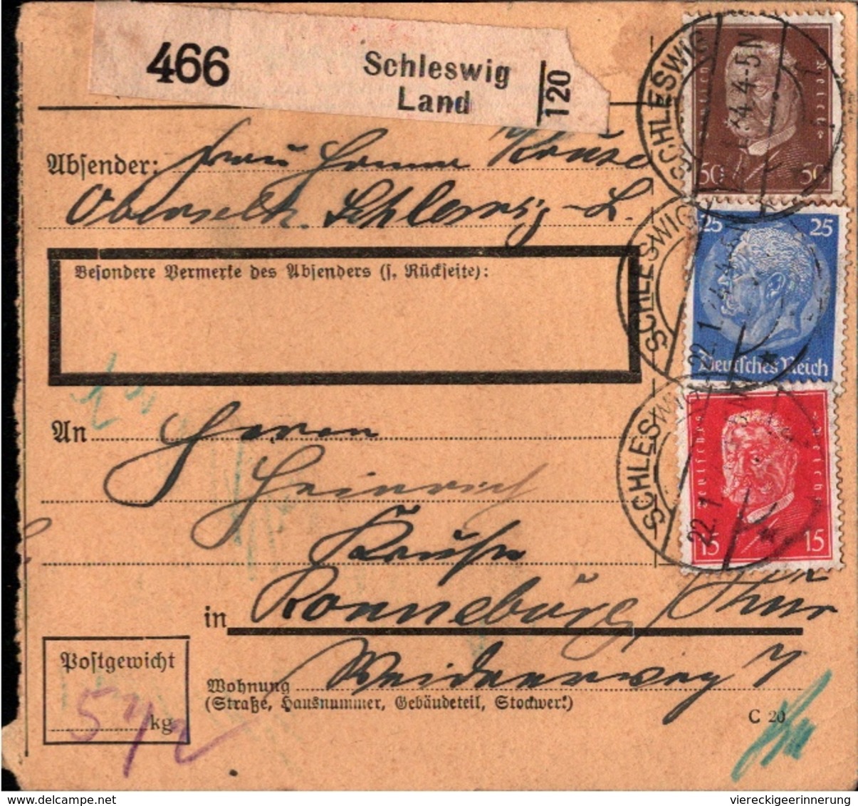 ! 1934  Paketkarte Deutsches Reich, Schleswig Land Nach Ronneburg - Storia Postale