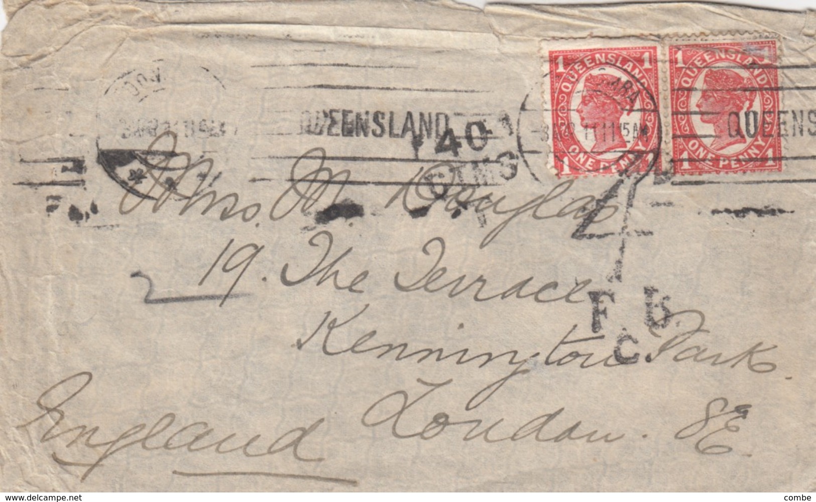 LETTRE QUEENSLAND. 3 ABR 11. POUR LONDON. TAXE 40CTMS. 4/ F.B.C. - Storia Postale