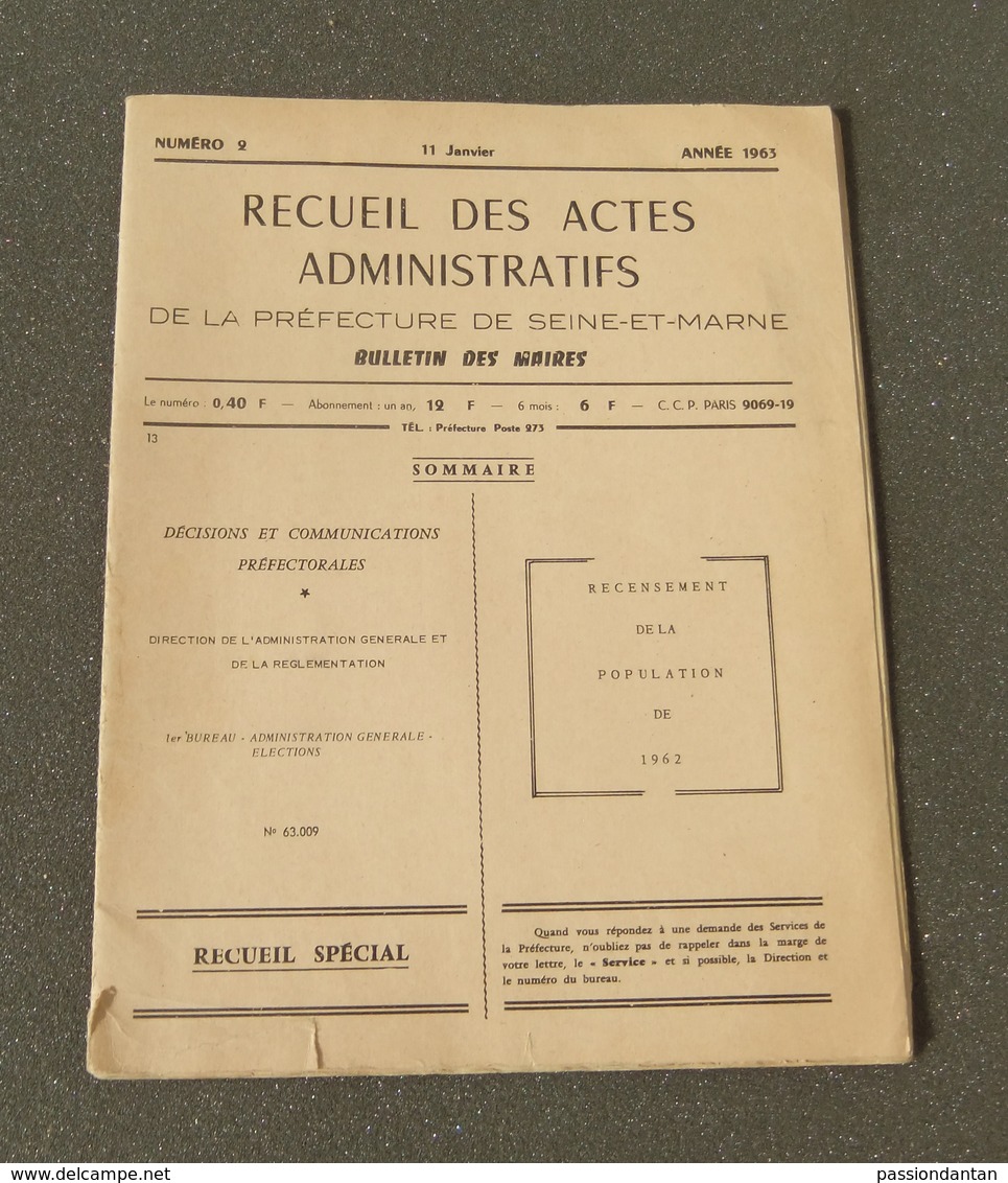 Livret Administratif De Recensement De La Population En Seine Et Marne En 1962 - Right