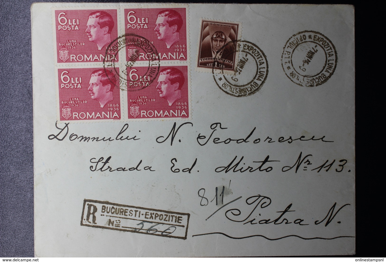 Romania Registered Cover 1936 LUNA BUCURESTILOR EXhibition Block Of 4 Mi 508 Special Cancel Expozitia Bucurestilor - Brieven En Documenten