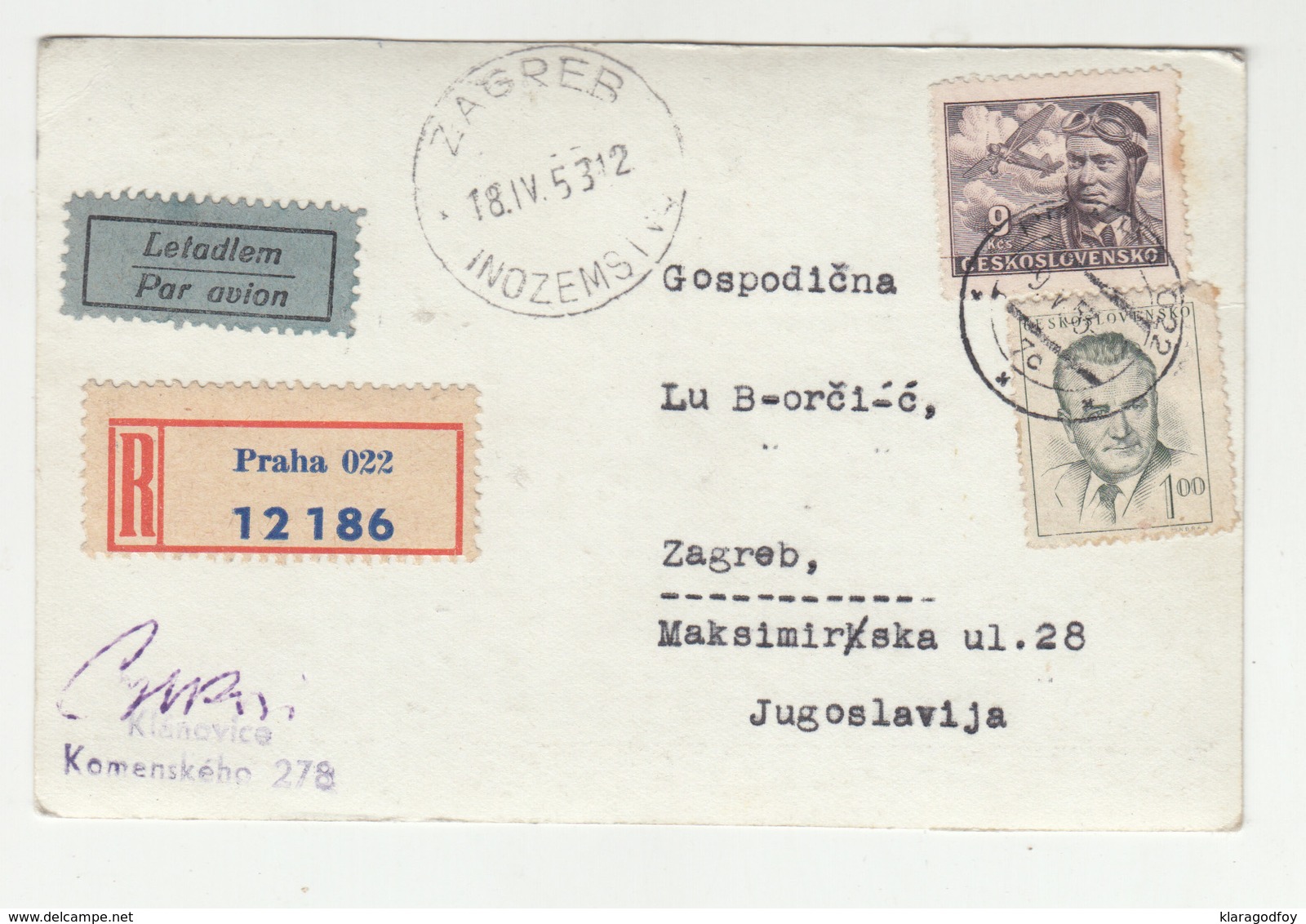 Private Photo(postcard) (couple Portrait) Posted Registered 1953 Prague To Zagreb B200110 - Brieven En Documenten