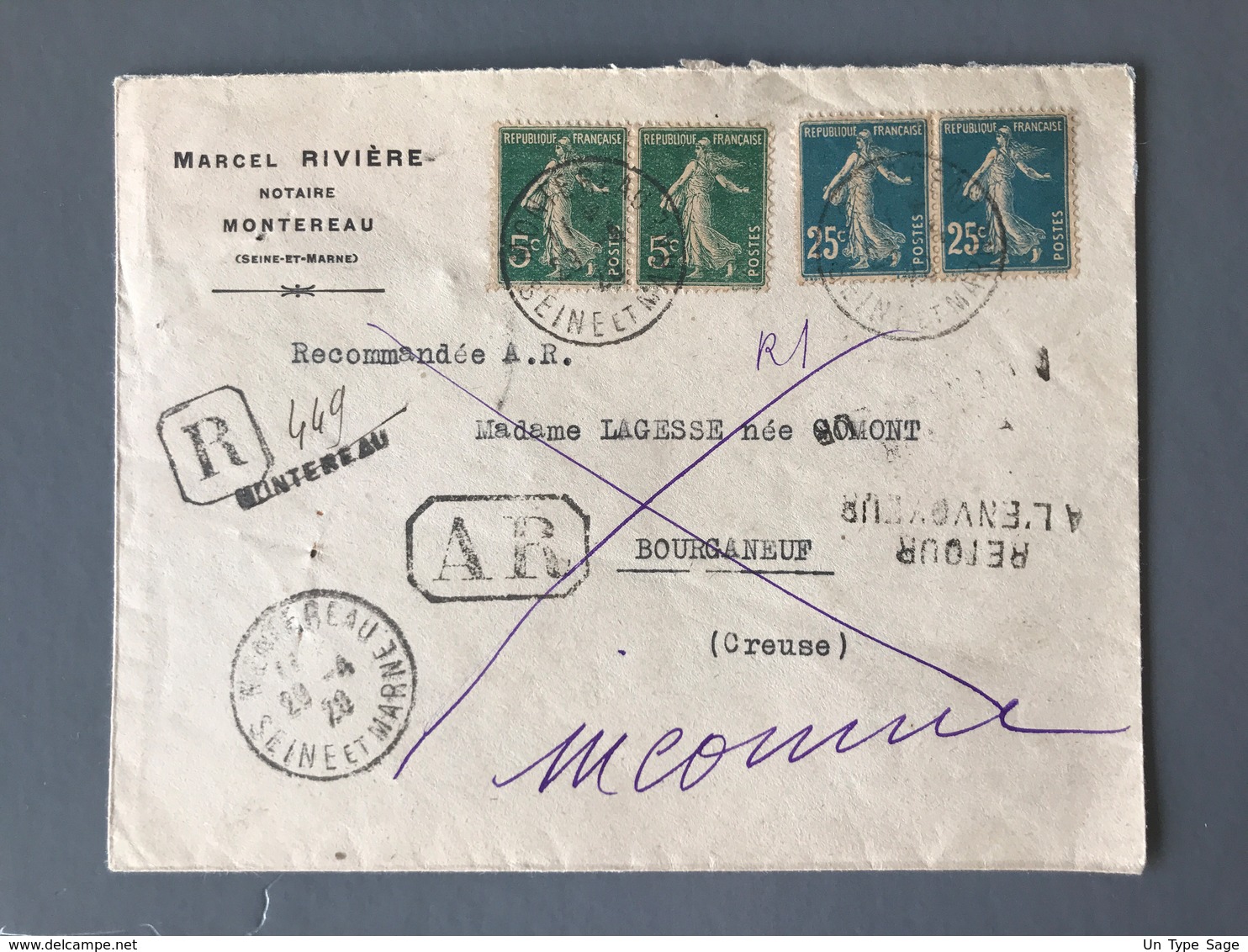 France N°137 (x2) Et 140 (x2) Sur Lettre Recommandée (sans étiquette) De Montereau - Retour Envoyeur - (B1921) - 1877-1920: Période Semi Moderne