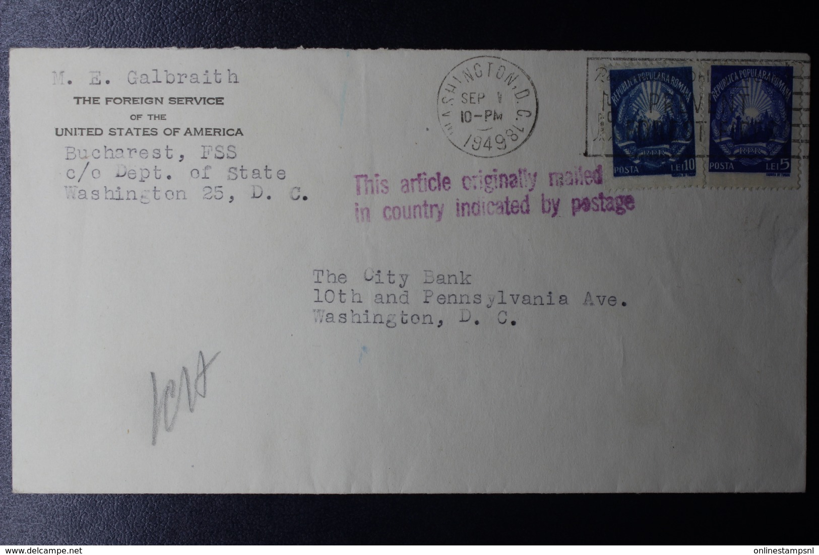 Romania Consulair USA Mail  Violet This Article Originally Mailed In Country Indicated By Postage 1949 - Brieven En Documenten