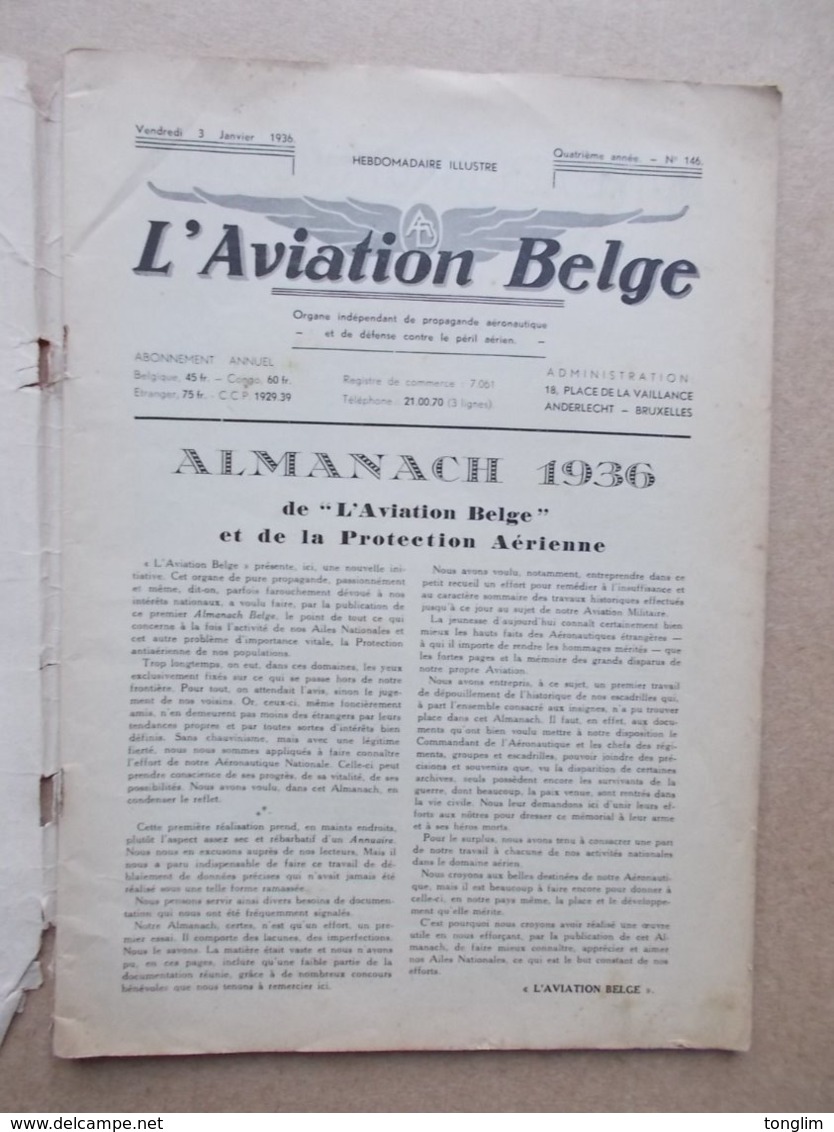 ALMANACH  DE L AVIATION BELGE   1936 - Aviation