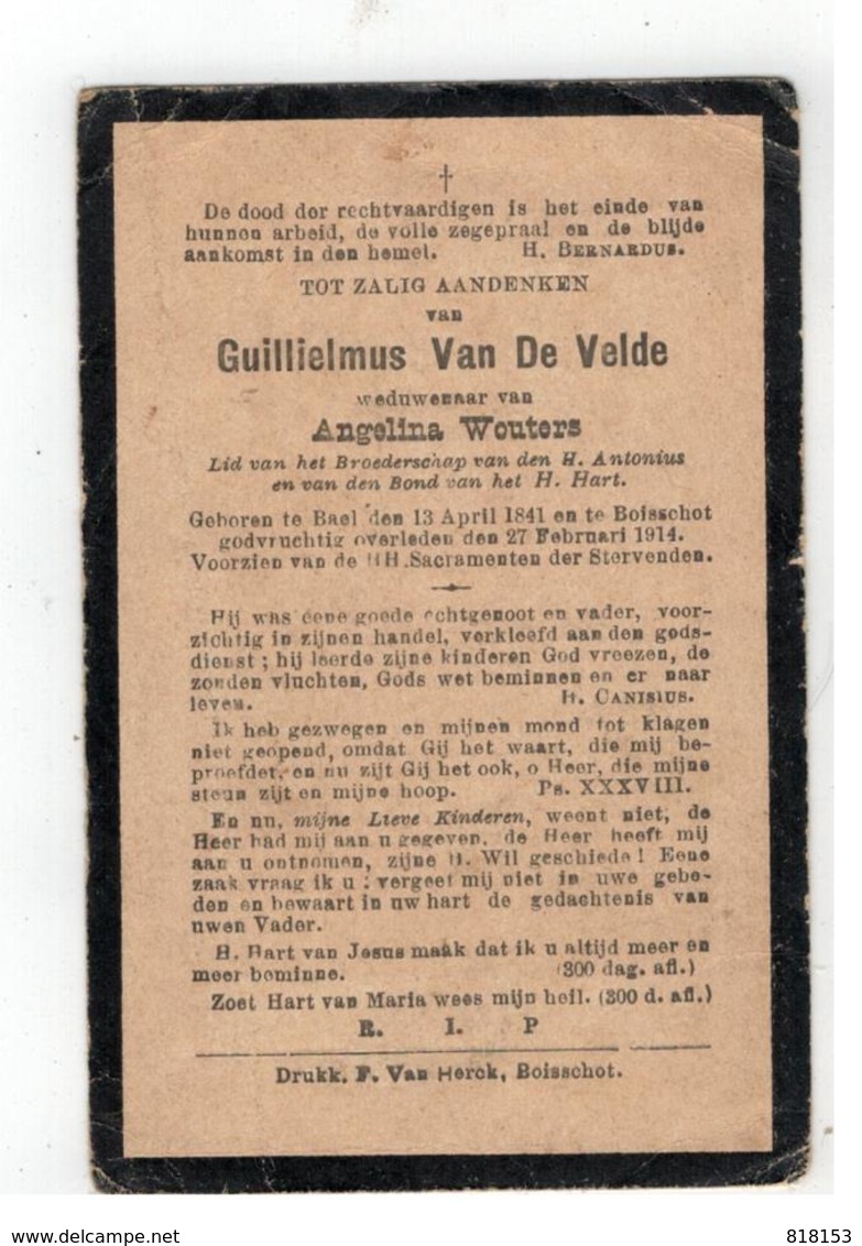 DP Guillielmus Van De Velde Geboren Baal 1841,wedn. V Angelina Wouters,gestorven Booischot 1914 - Religion & Esotérisme