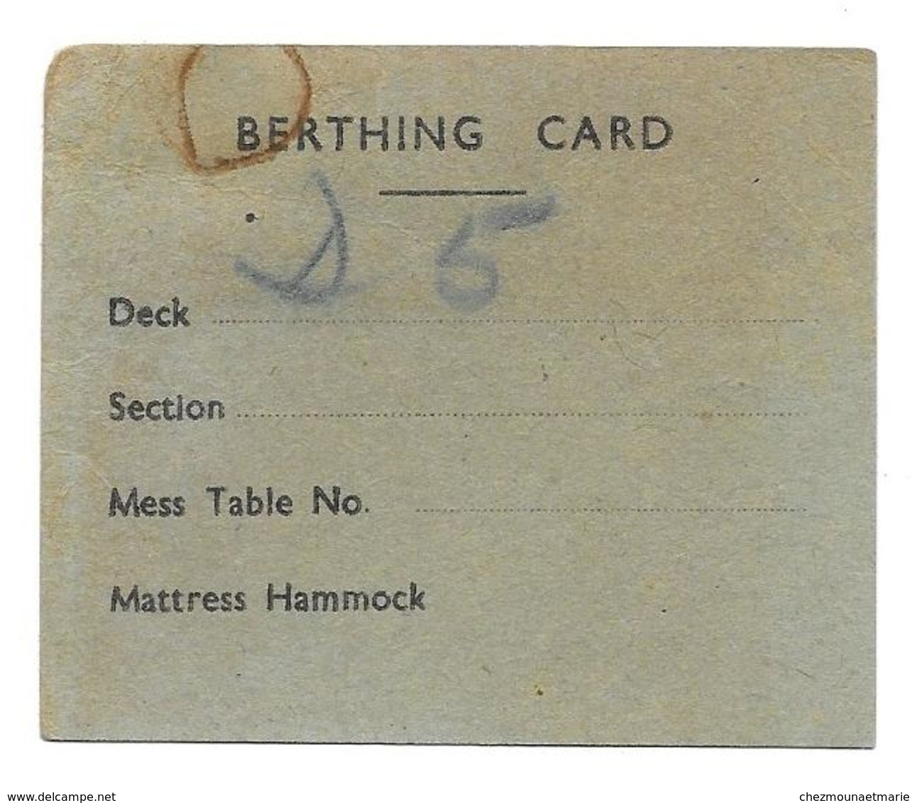 BERTHING CARD - N°5 BOAT DECK AFT N°3 HATCH - FIRE STATION BOAT SATATION - MILITAIRE - Boten